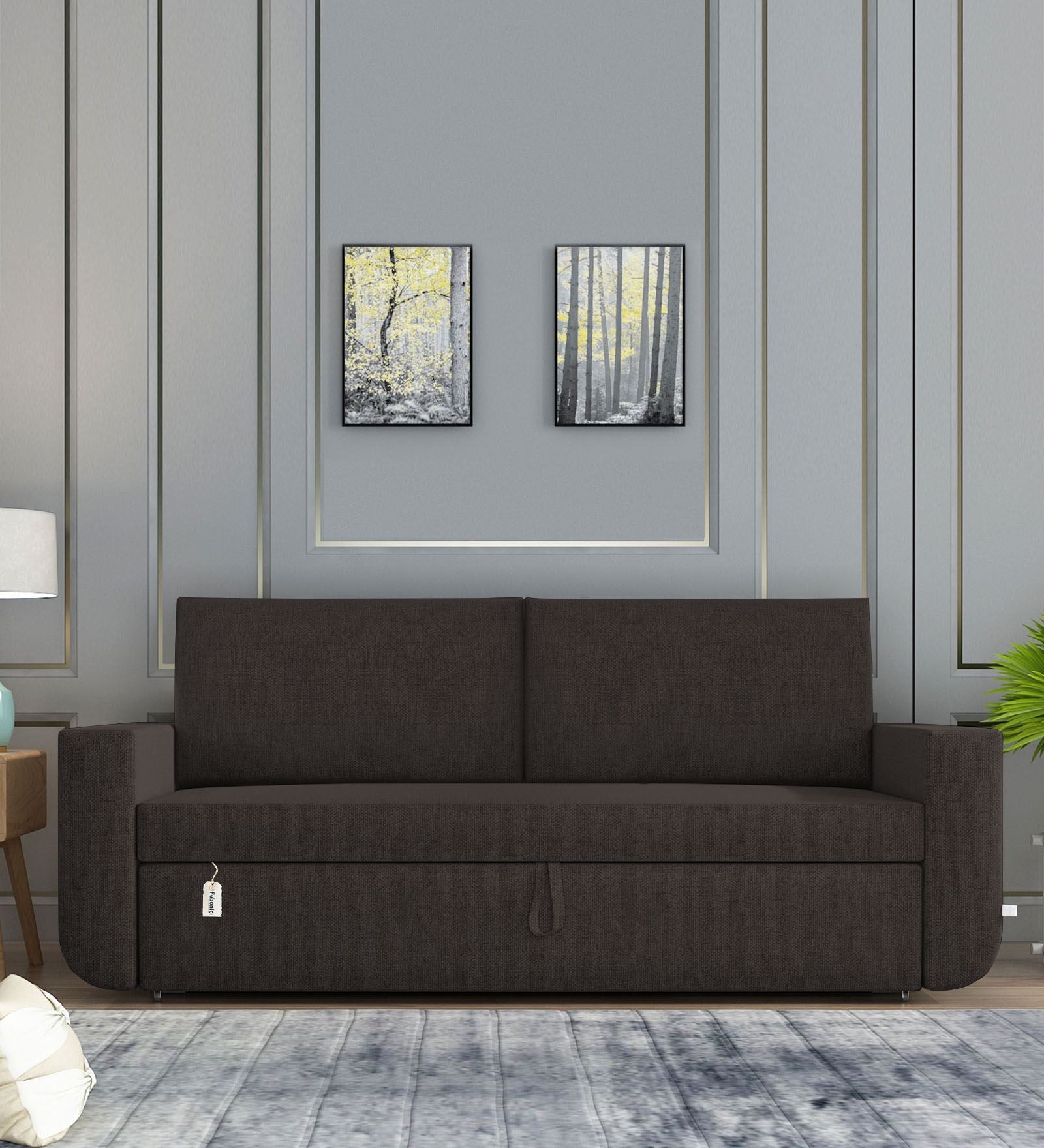 Grace Fabric 3 Seater Pull Out Sofa Cum Bed In Dark Brown Colour With Storage - Febonic Living