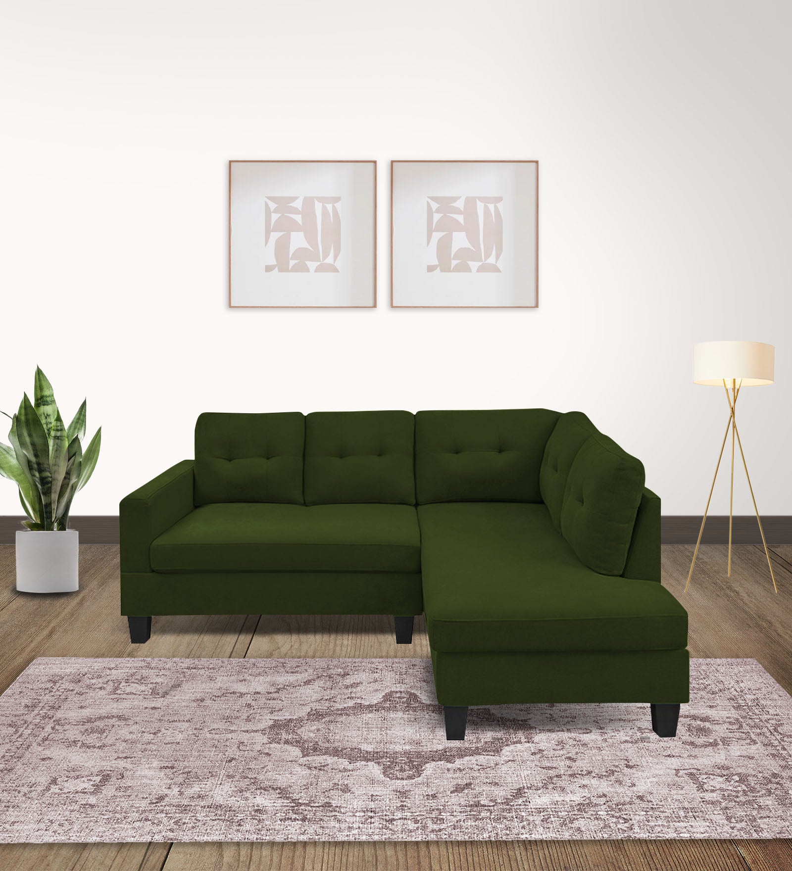 Thomas Fabric LHS Sectional Sofa (2+Lounger) In Olive Green Colour - Febonic Living