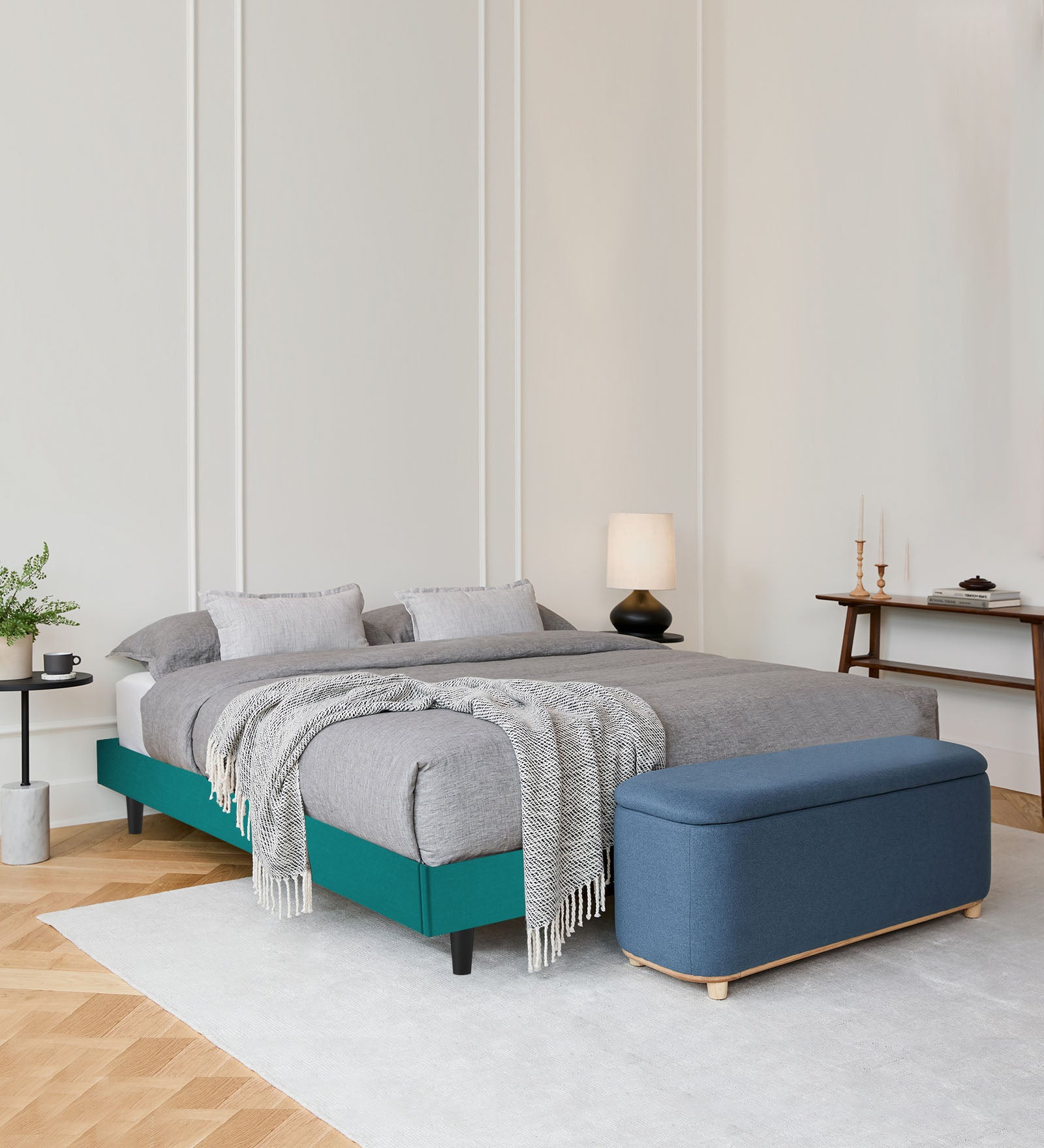 Basi Fabric Queen Size Bed In Sea Green Colour - Febonic Living