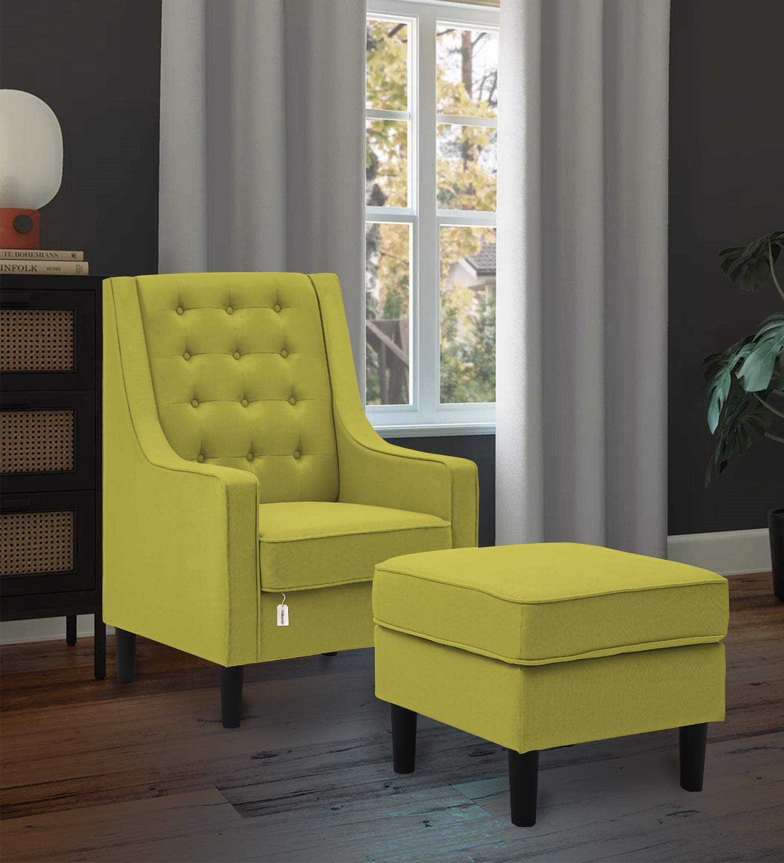 Sona Fabric Barrel Chair With Ottoman In Parrot Green Colour - Febonic Living