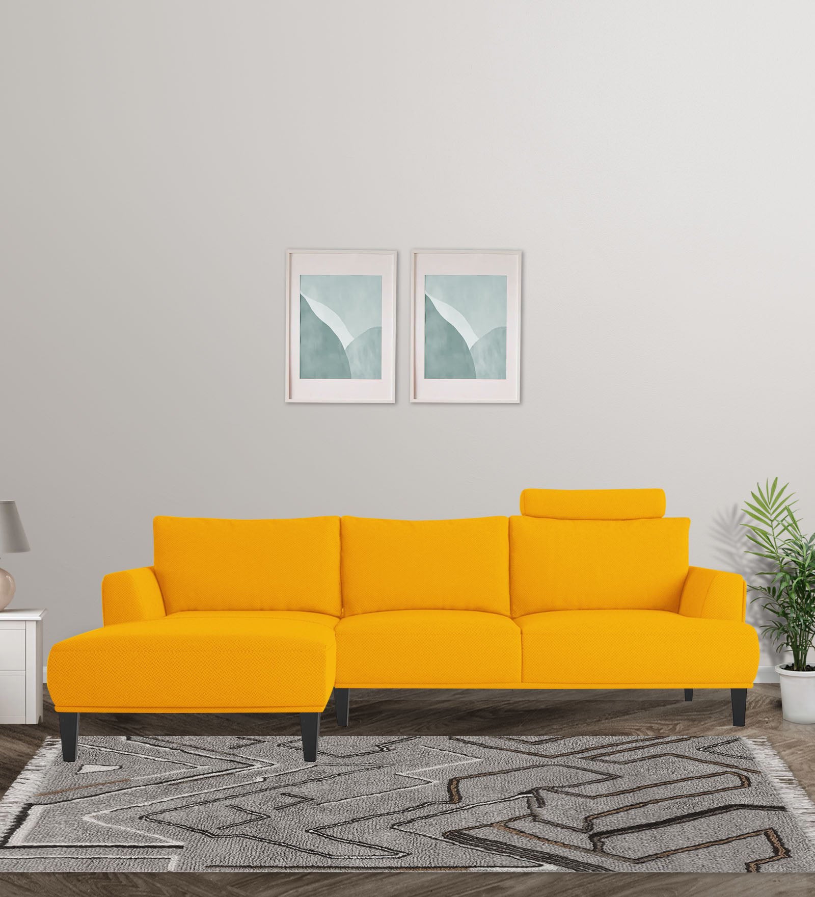 Como Fabric RHS Sectional Sofa (3+Lounger) In Bold Yellow Colour - Febonic Living