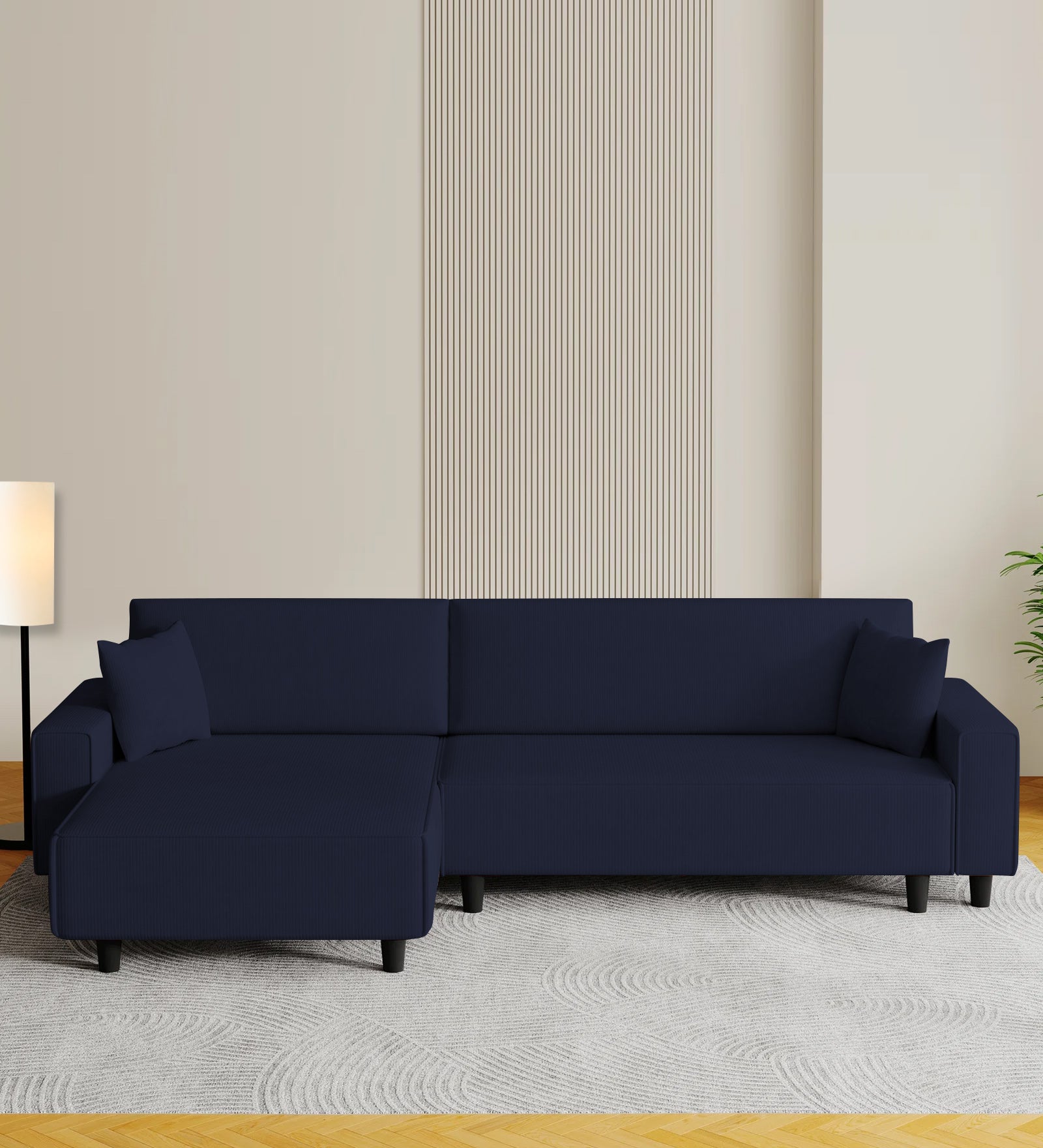 Peach Fabric RHS 6 Seater Sofa Cum Bed With Storage In Royal Blue Colour - Febonic Living