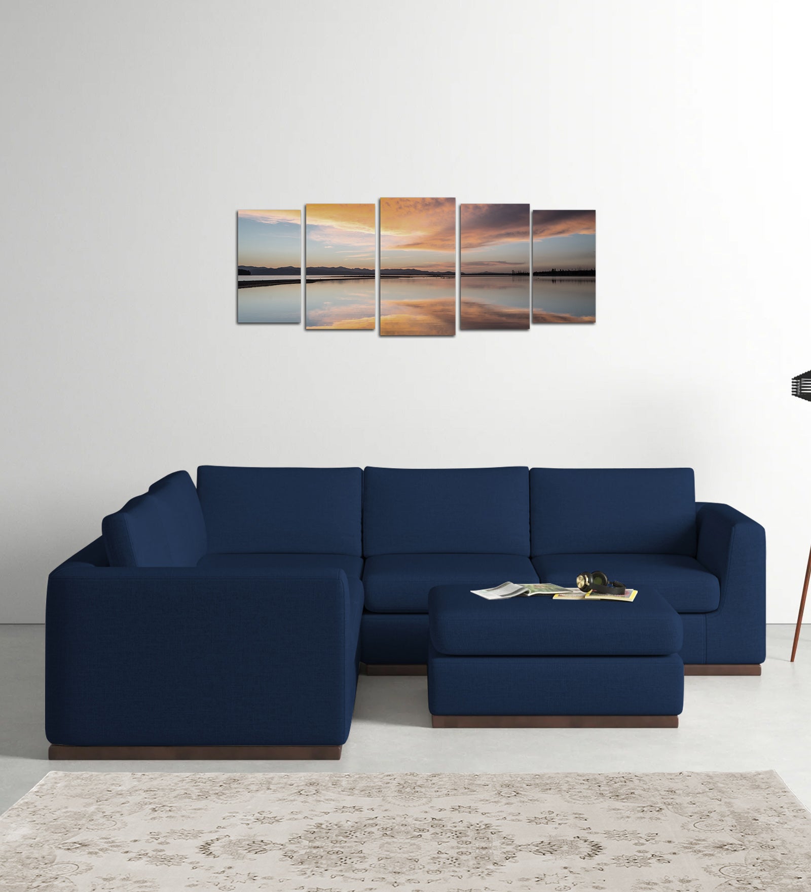 Freedom Velvet 6 Seater LHS Corner Sofa In Imperial Blue Colour With Ottoman - Febonic Living