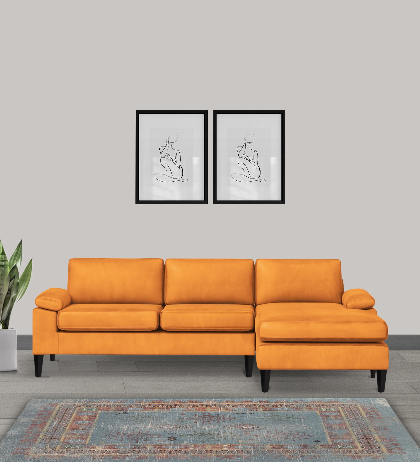 Vegas Velvet LHS Sectional Sofa (3+Lounger) In Tangerine orange Colour - Febonic Living