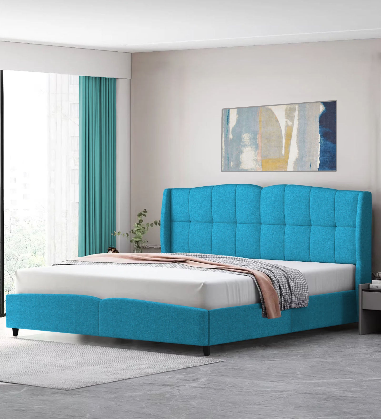 Jovi Velvet King Size Bed In Aqua Blue Colour - Febonic Living