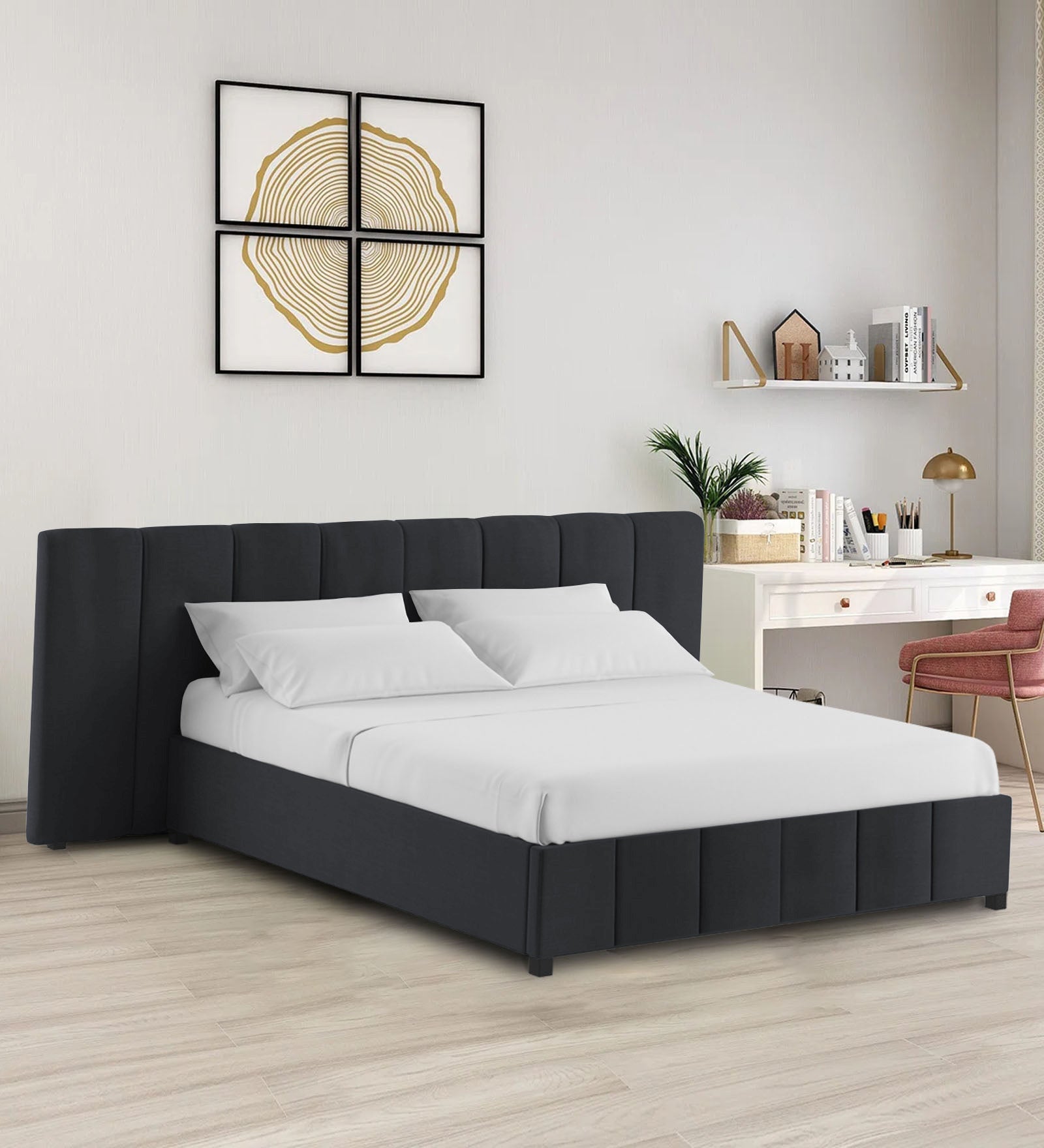 Nora Fabric Queen Size Bed In Charcoal Grey Colour With Box Storage - Febonic Living