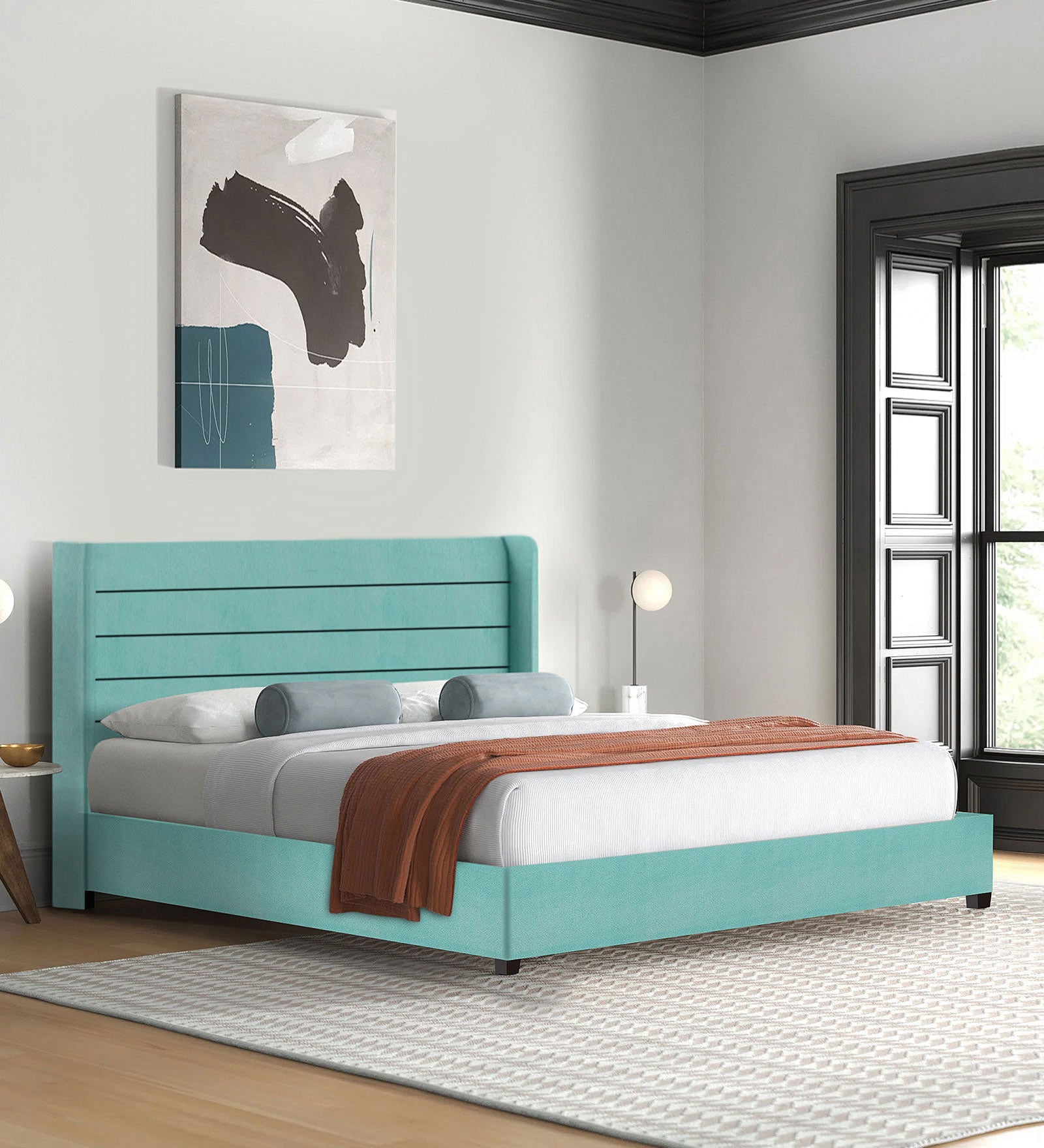 Caliya Velvet Queen Size Bed In Barmunda Aqua Colour - Febonic Living