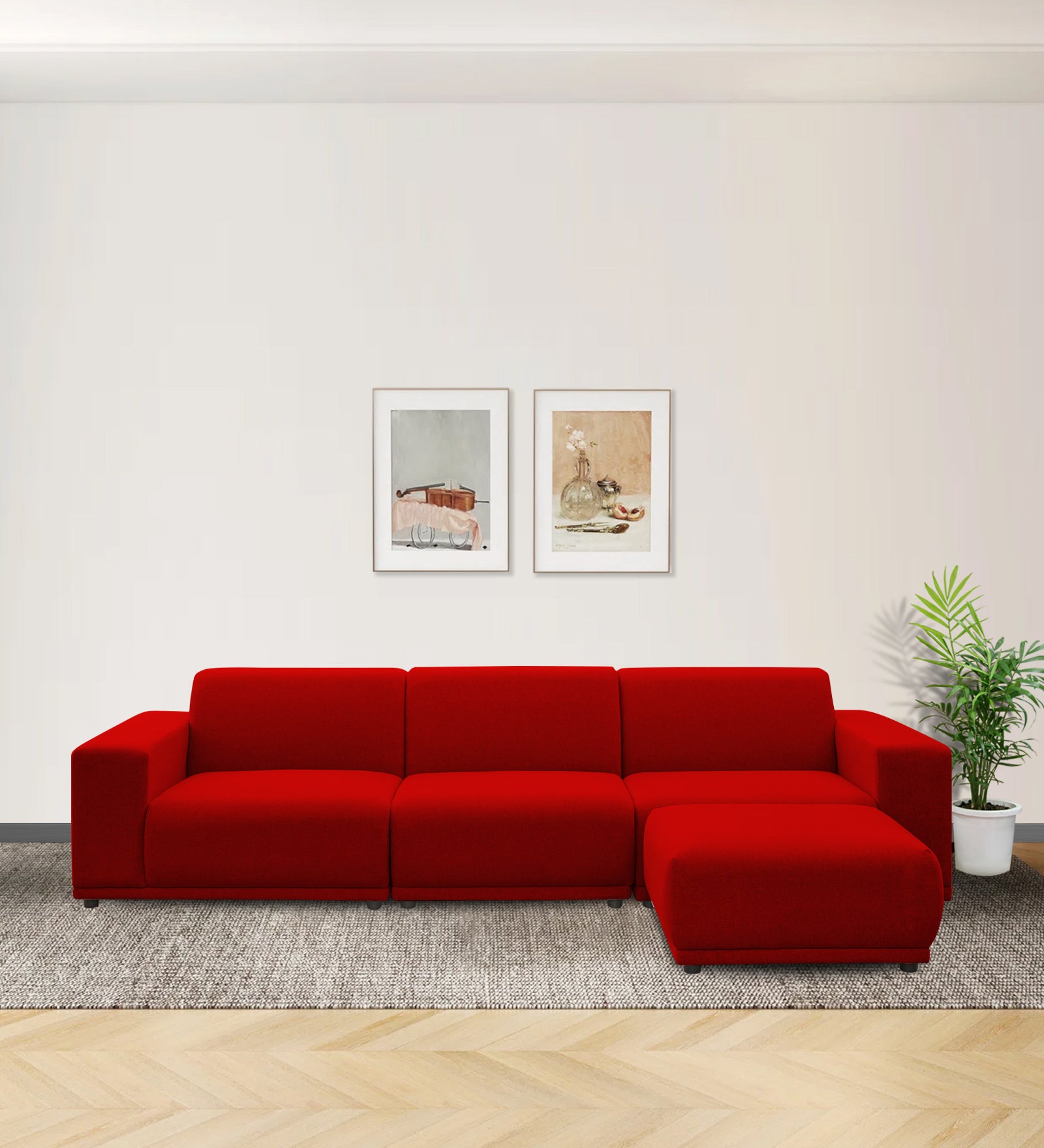 Adam Fabric RHS Sectional Sofa (3+Ottoman Lounger) In Ruby Red Colour - Febonic Living