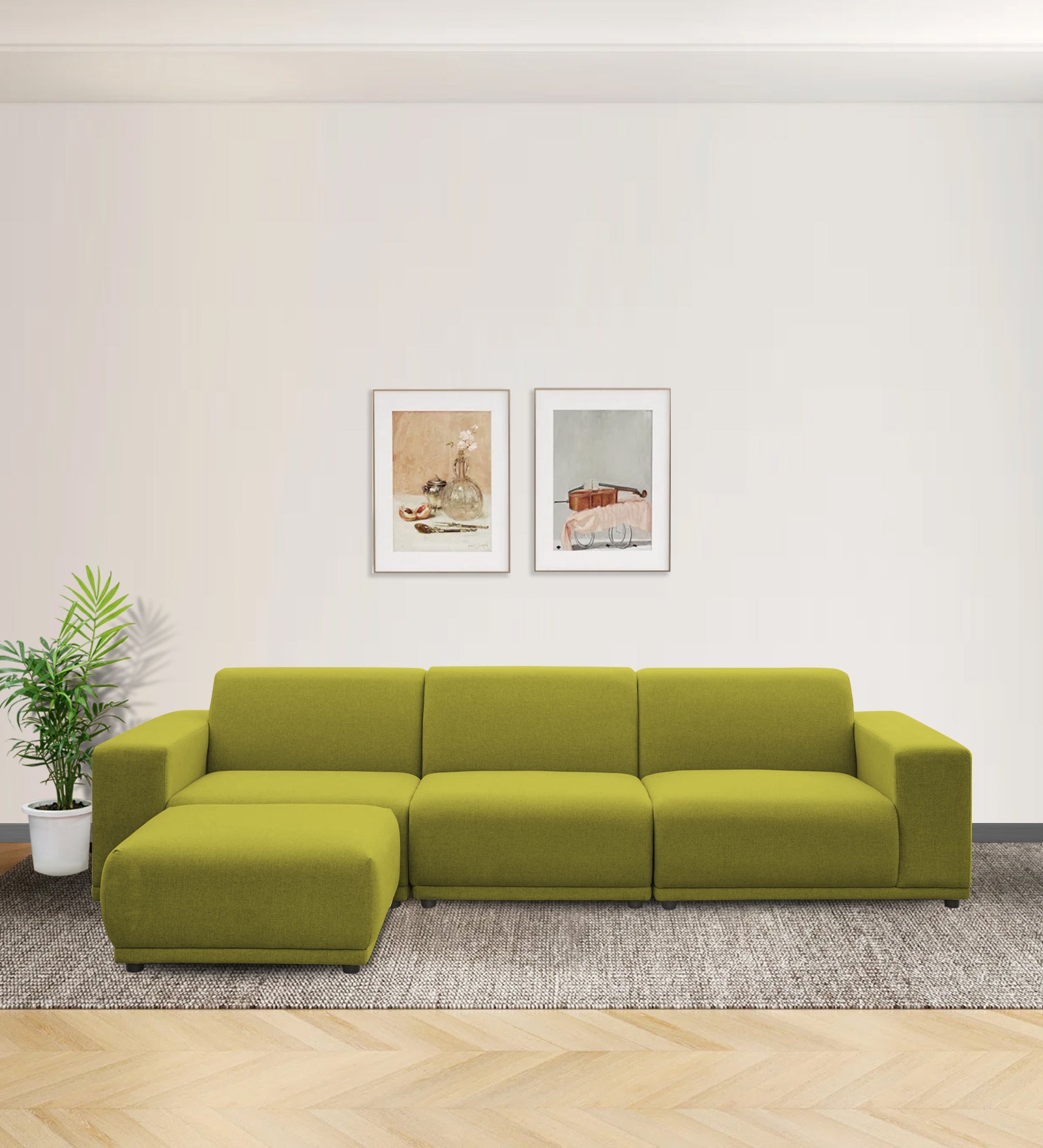 Adam Fabric LHS Sectional Sofa(3+Ottoman Lounger) In Parrot Green Colour - Febonic Living