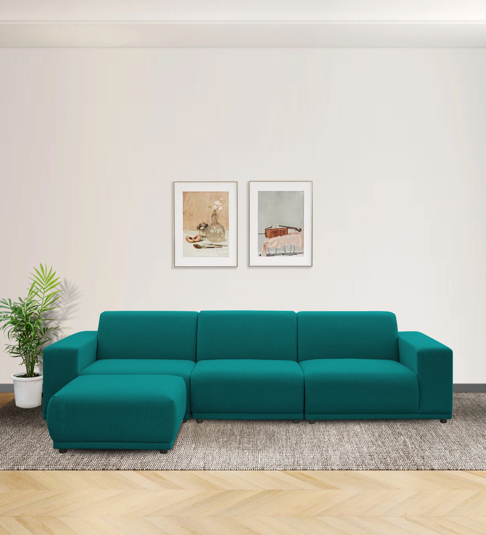 Adam Fabric LHS Sectional Sofa (3+Ottoman Lounger) In Sea green Colour - Febonic Living