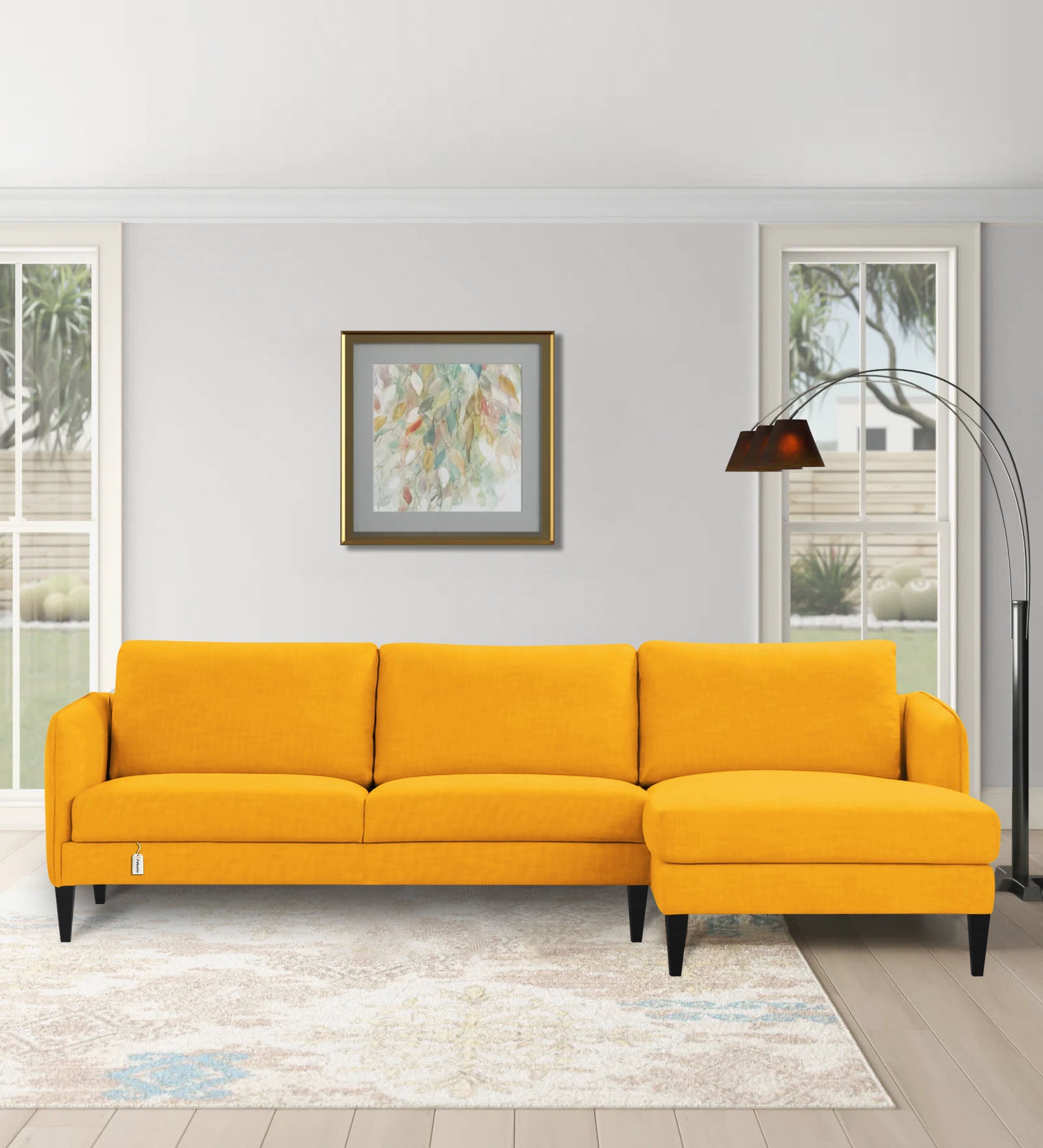 Piku Fabric LHS Sectional Sofa (3+Lounger) In Bold Yellow Colour - Febonic Living