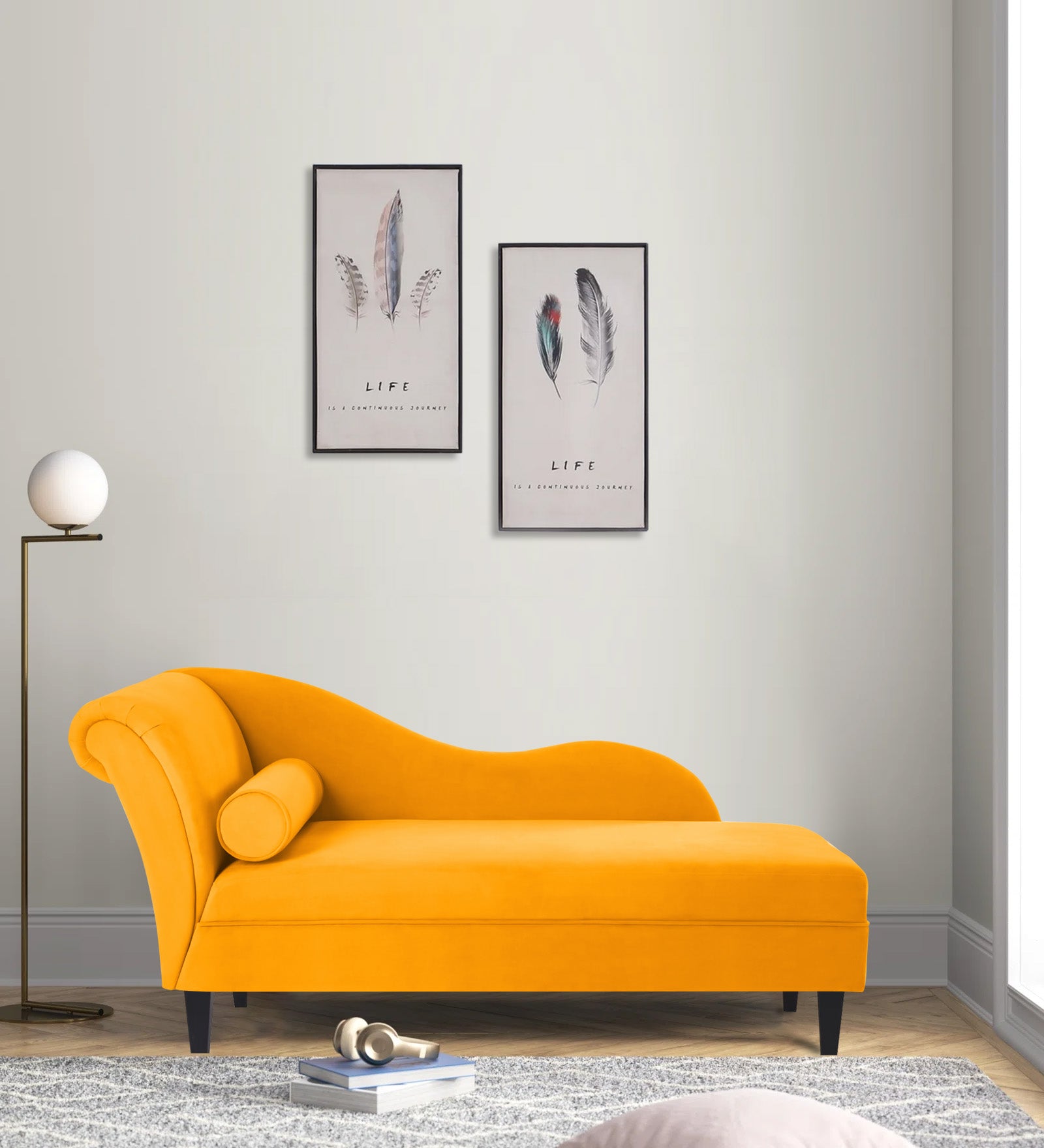 Rana Velvet RHS Chaise Lounger In Saffron yellow Colour - Febonic Living