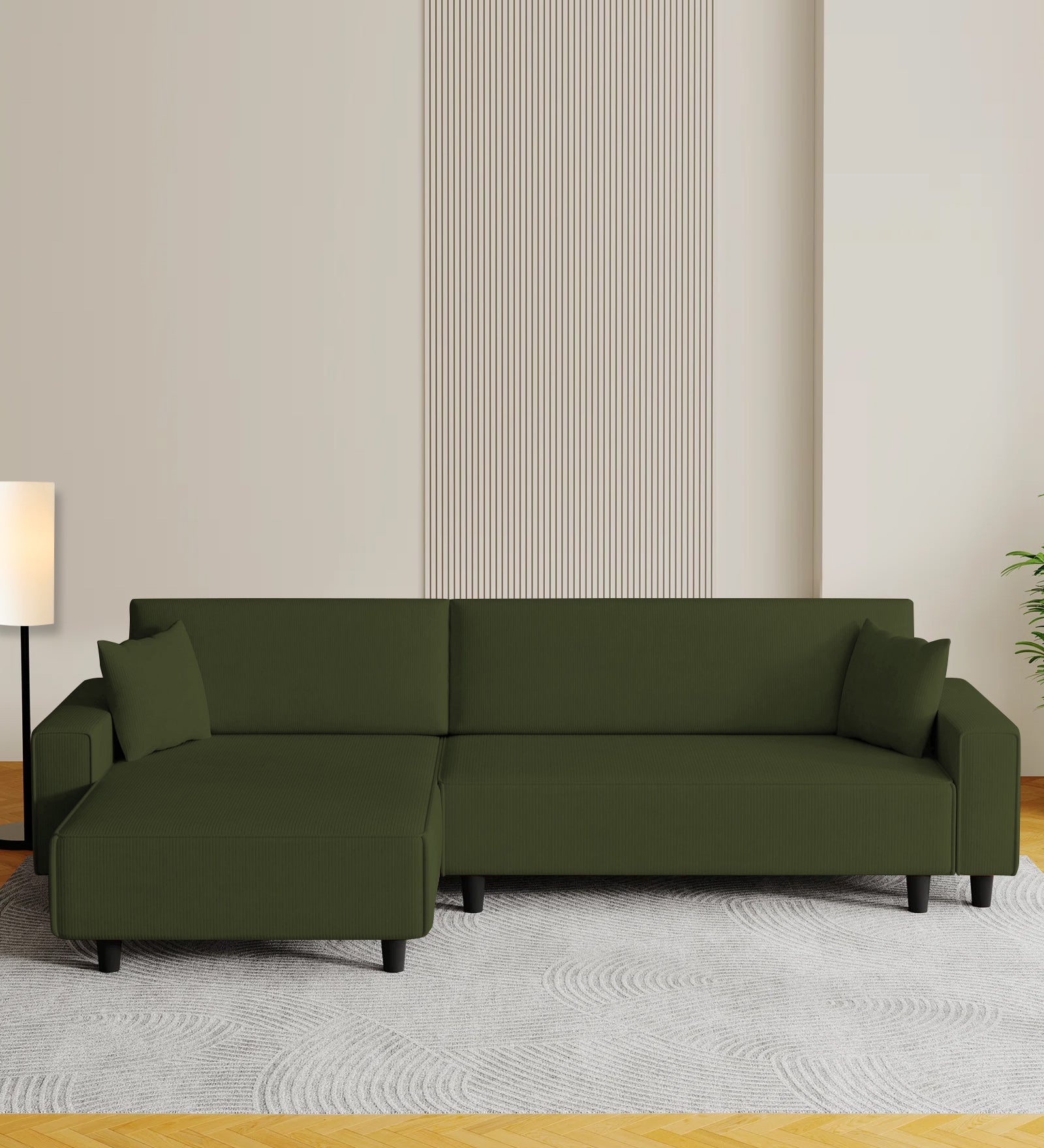 Peach Fabric RHS 6 Seater Sofa Cum Bed With Storage In Olive Green Colour - Febonic Living