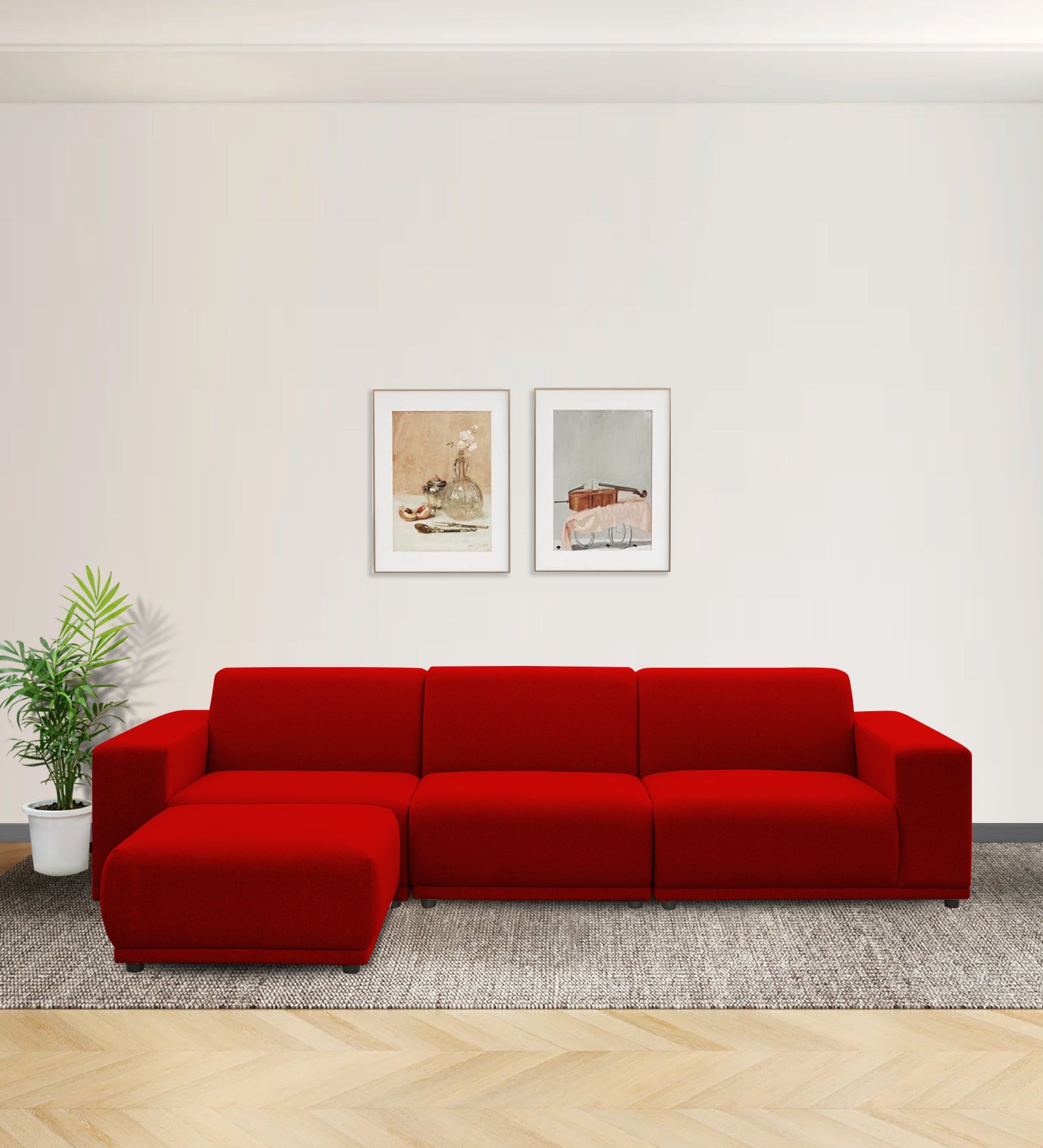Adam Fabric LHS Sectional Sofa (3+Ottoman Lounger) In Ruby Red Colour - Febonic Living