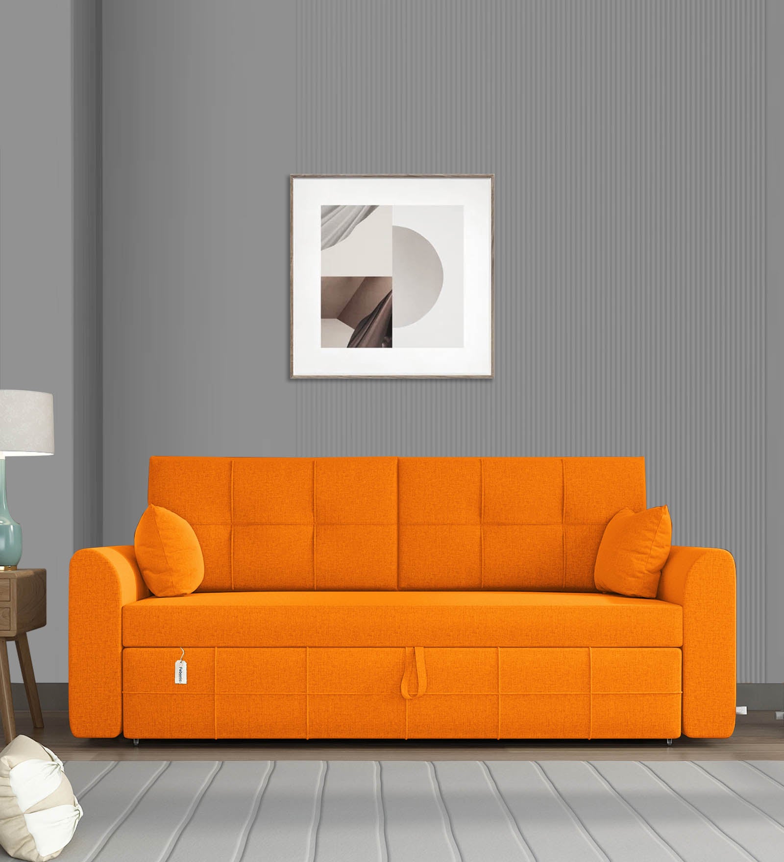 Ines Velvet 3 Seater Pull Out Sofa Cum Bed In Vivid Orange Colour With Storage - Febonic Living