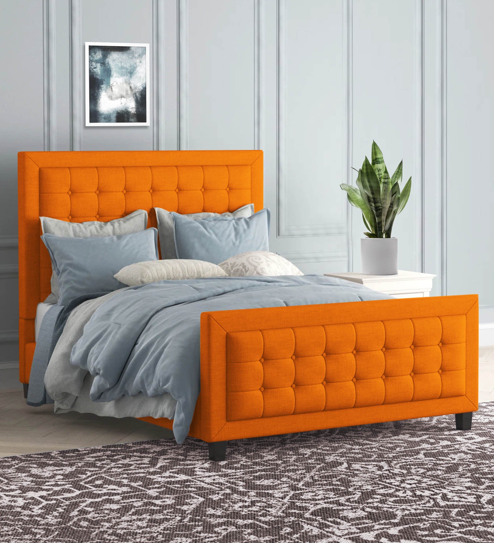 Kaster Fabric Queen Size Bed In Vivid Orange Colour - Febonic Living