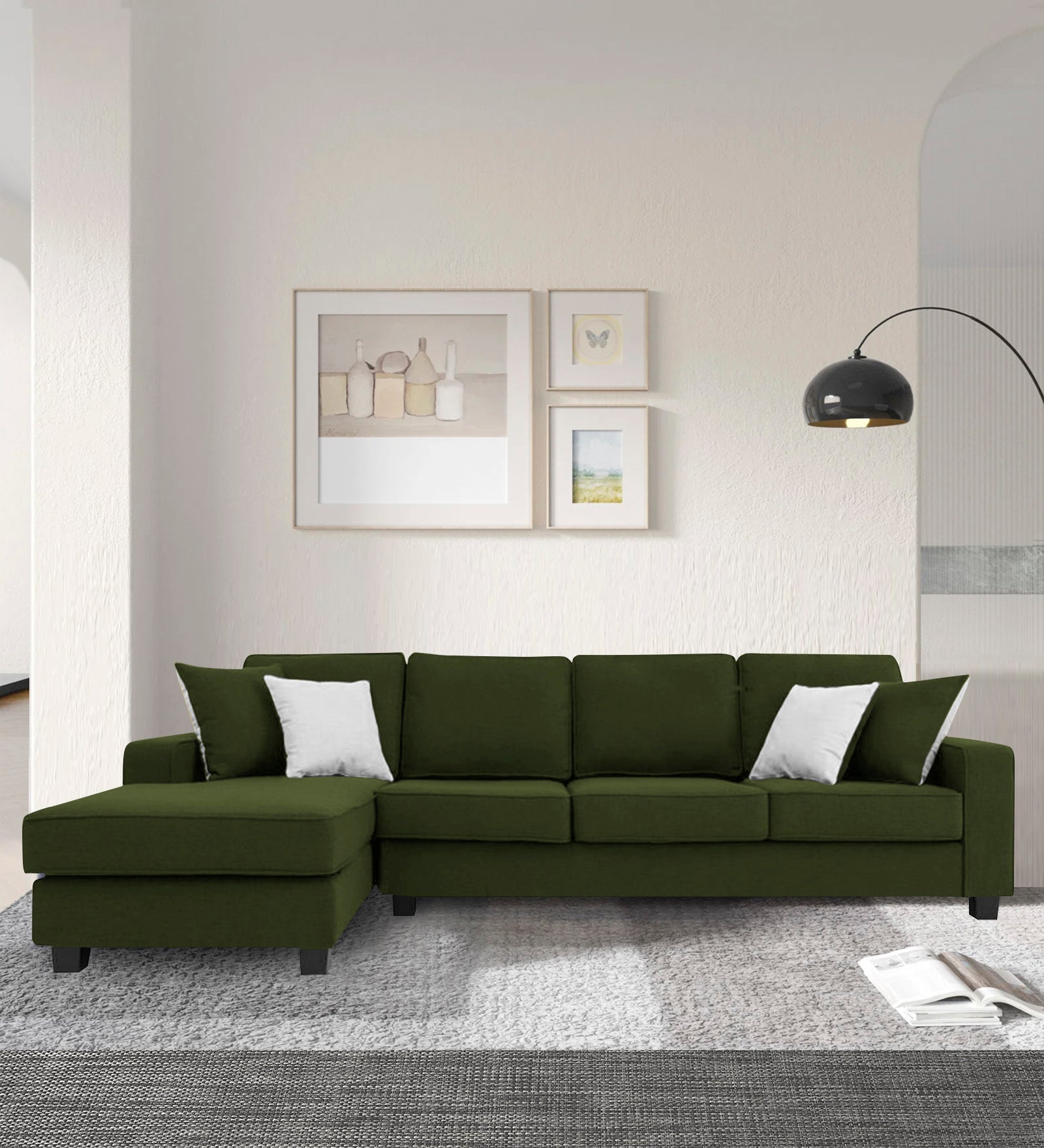 Ladybug Fabric RHS Sectional Sofa (3+Lounger) In Olive Green Colour - Febonic Living