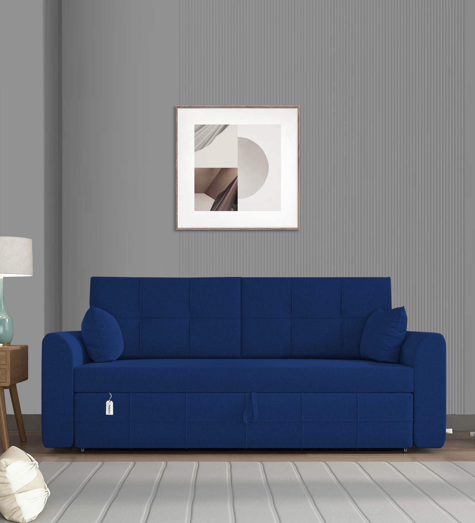 Ines Velvet 3 Seater Pull Out Sofa Cum Bed In Royal Blue Colour With Storage - Febonic Living