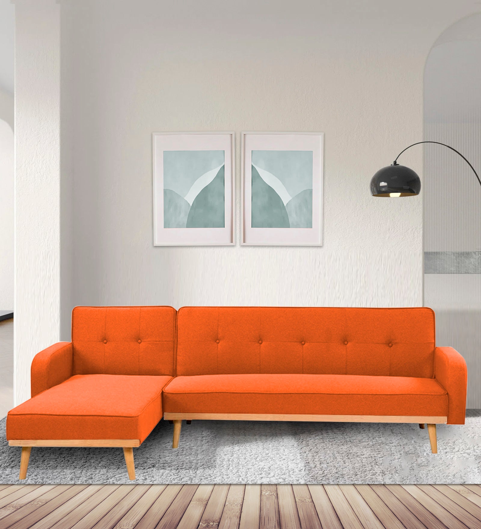 Zuno Fabric RHS Convertible Sofa Cum Bed In Vivid Orange Colour - Febonic Living