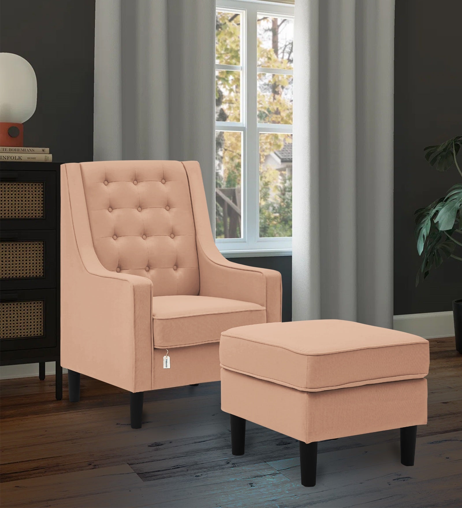 Sona Fabric Barrel Chair With Ottoman In Cosmic Beige Colour - Febonic Living