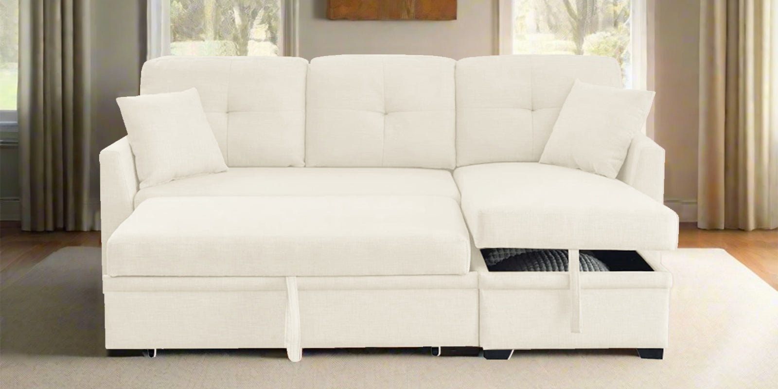 Jody Fabric 3 Seater Pull Out Sofa Cum Bed In Ivory Cream Colour With Storage - Febonic Living