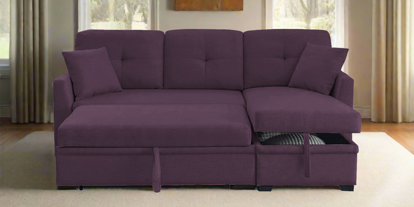 Jody Fabric 3 Seater Pull Out Sofa Cum Bed In Greek Purple Colour With Storage - Febonic Living