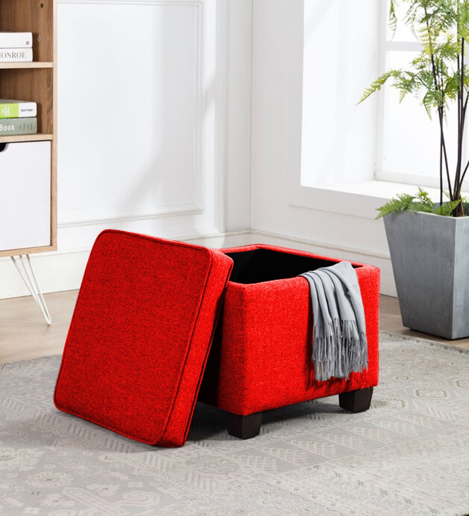 Sudan Fabric Ottoman In Ruby Red Colour With Storage - Febonic Living