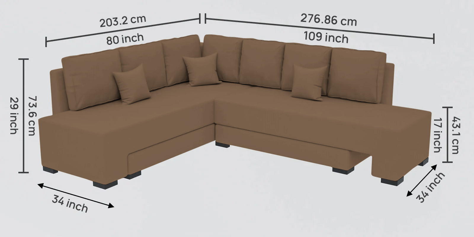 Corby Velvet RHS 6 Seater Convertible Sofa Cum Bed In Mocha Mouse Colour - Febonic Living