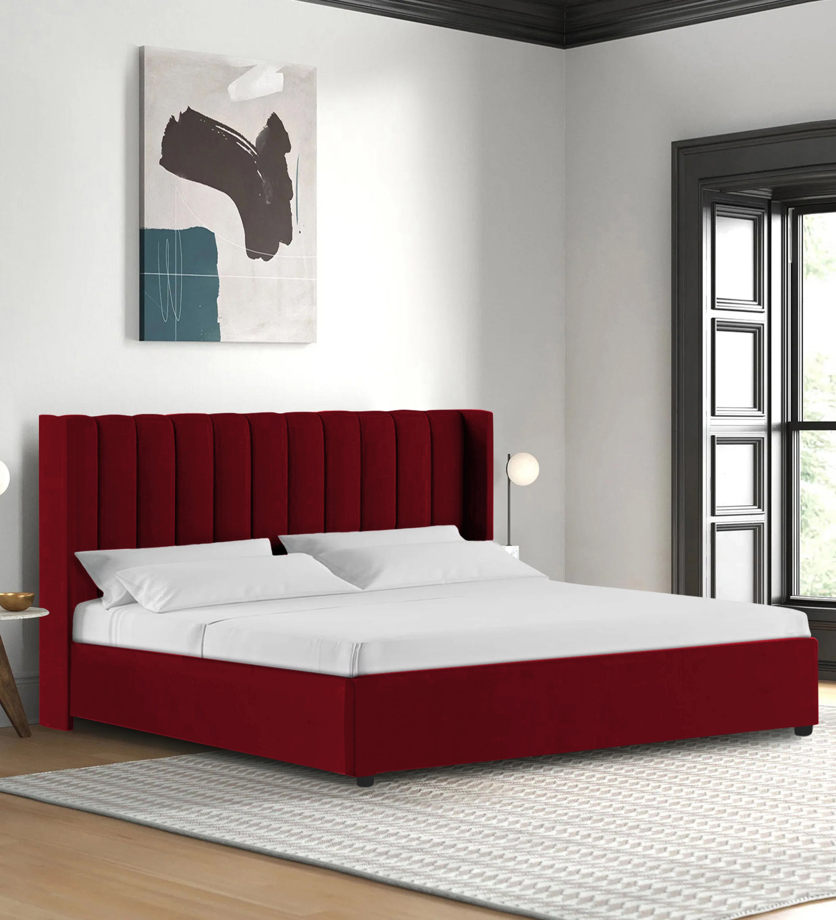 Colina Fabric Queen Size Bed In Ruby Red Colour With Box Storage - Febonic Living