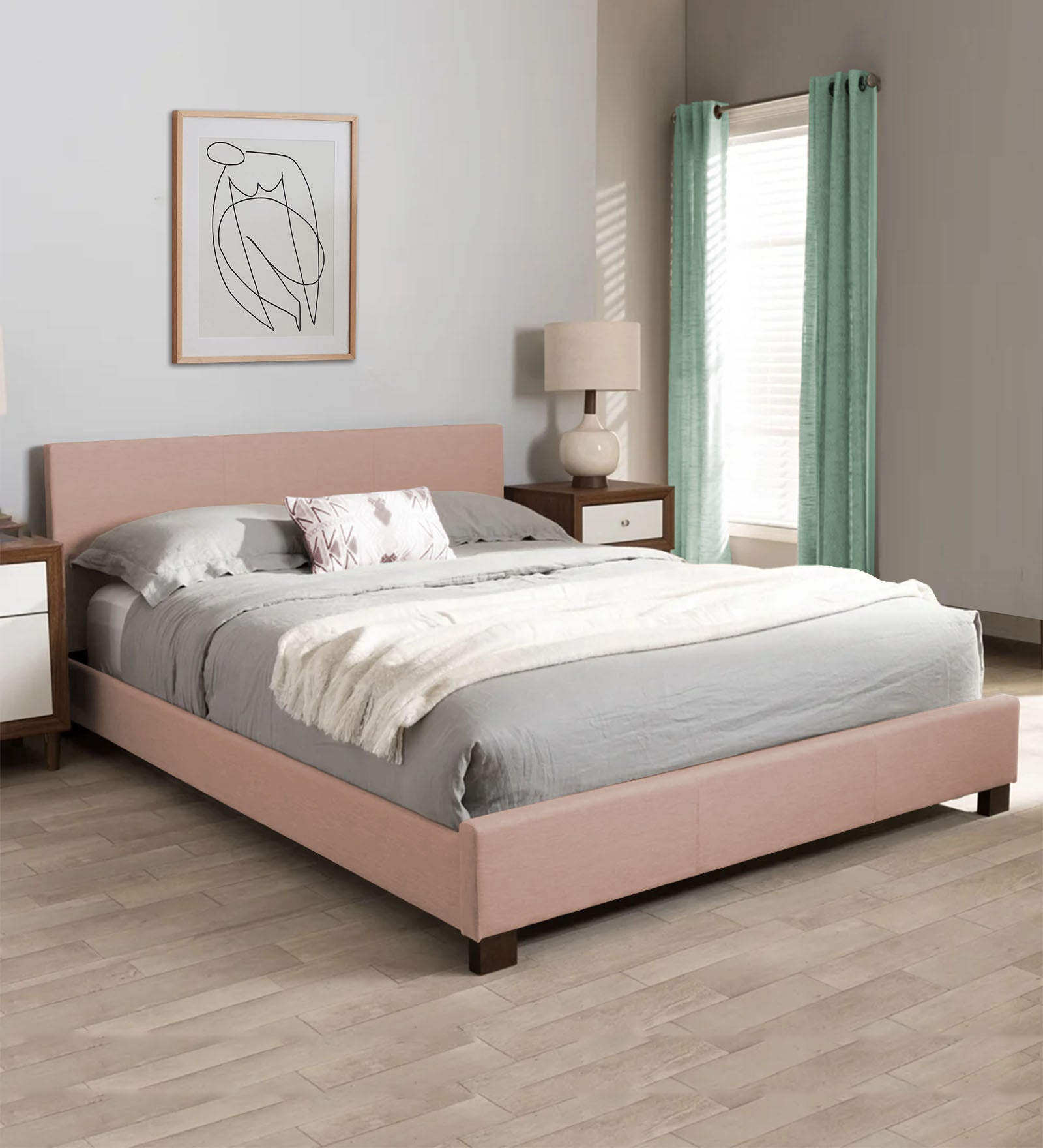 Lora Fabric Queen Size Bed in Olive Beige Colour - Febonic Living