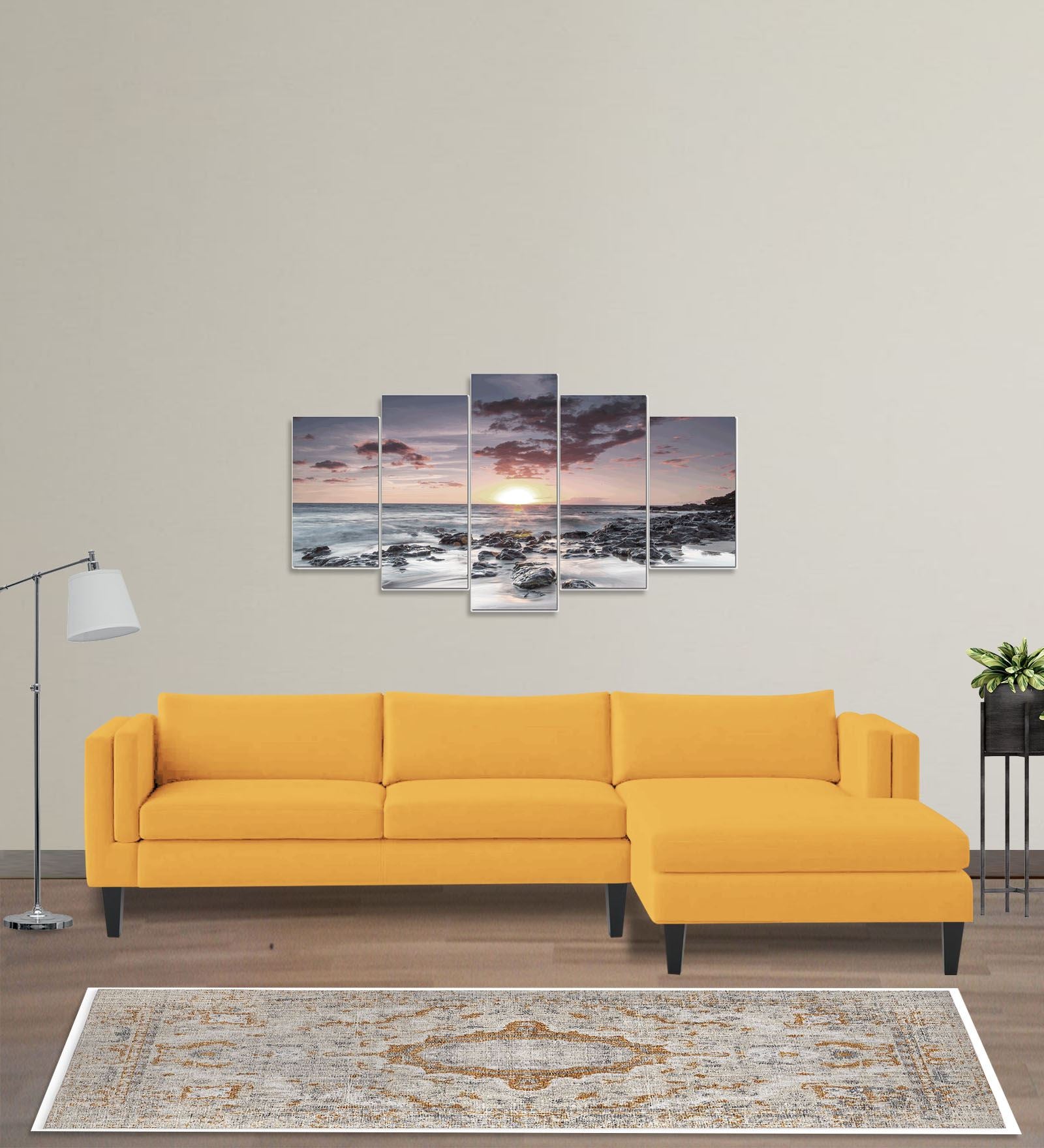 Jasper Velvet LHS Sectional Sofa (3+Lounger) In Turmeric yellow Colour - Febonic Living