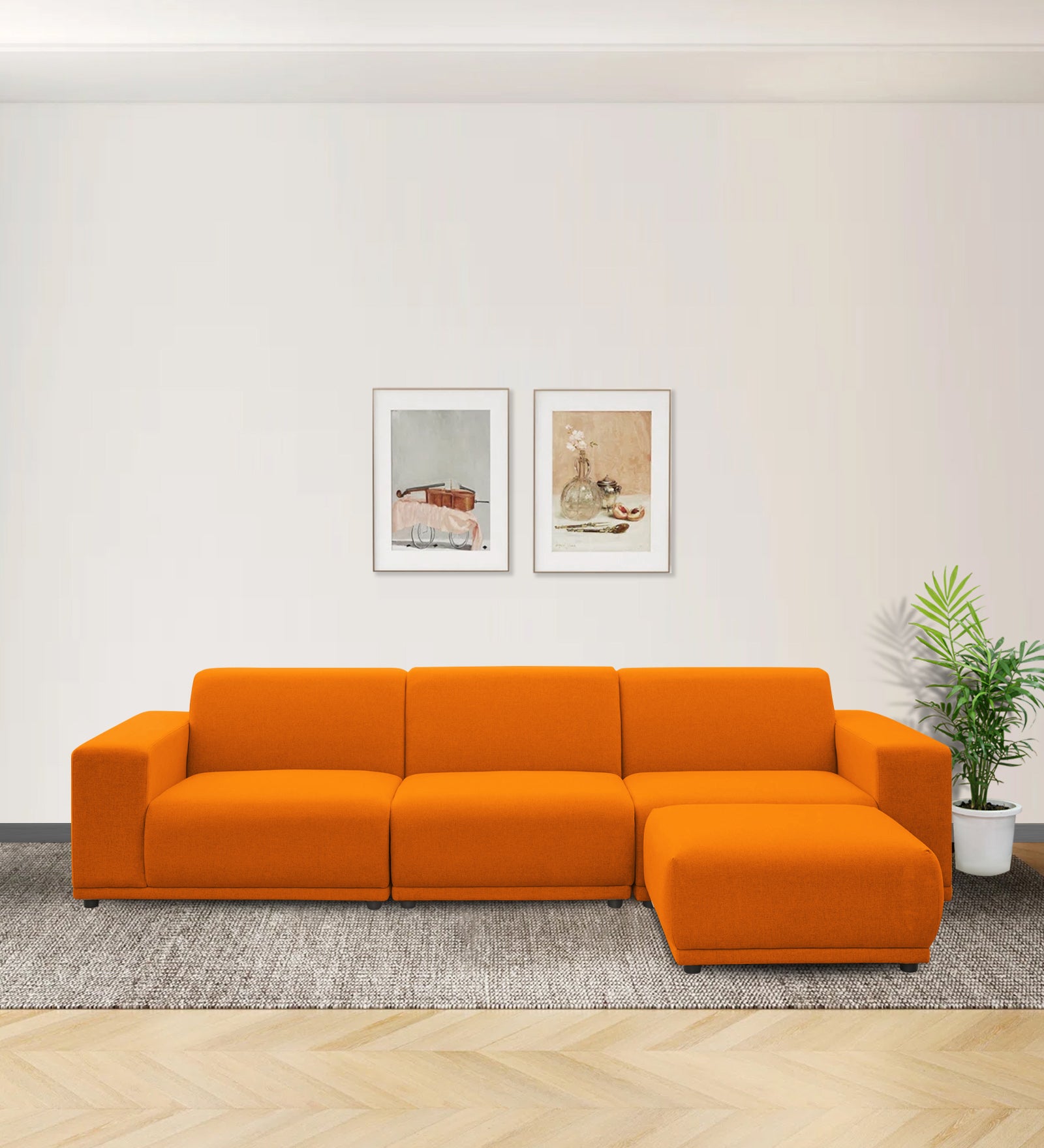 Adam Fabric RHS Sectional Sofa (3+Ottoman Lounger) In Vivid Orange Colour - Febonic Living