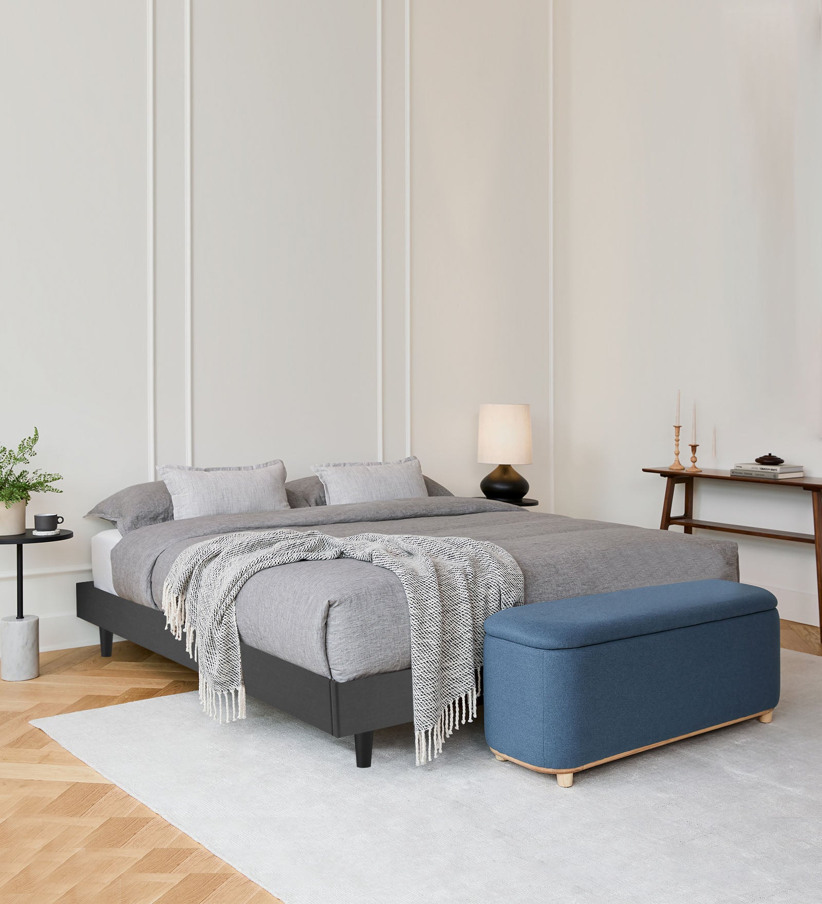 Basi Fabric Queen Size Bed In Charcoal Grey Colour - Febonic Living