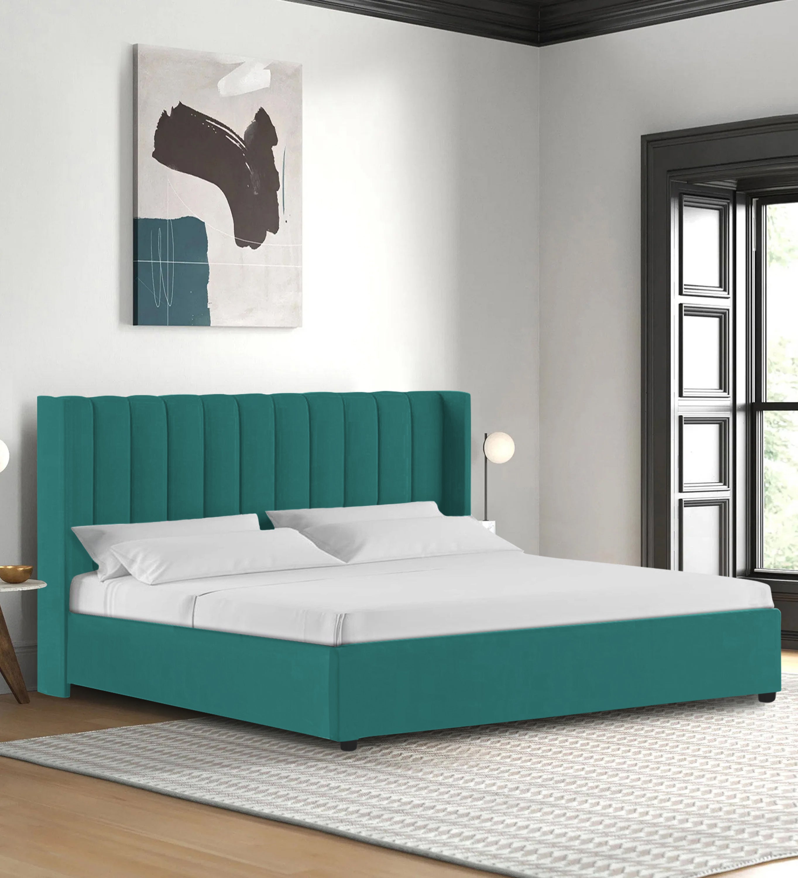 Colina Fabric Queen Size Bed In Sea Green Colour With Box Storage - Febonic Living