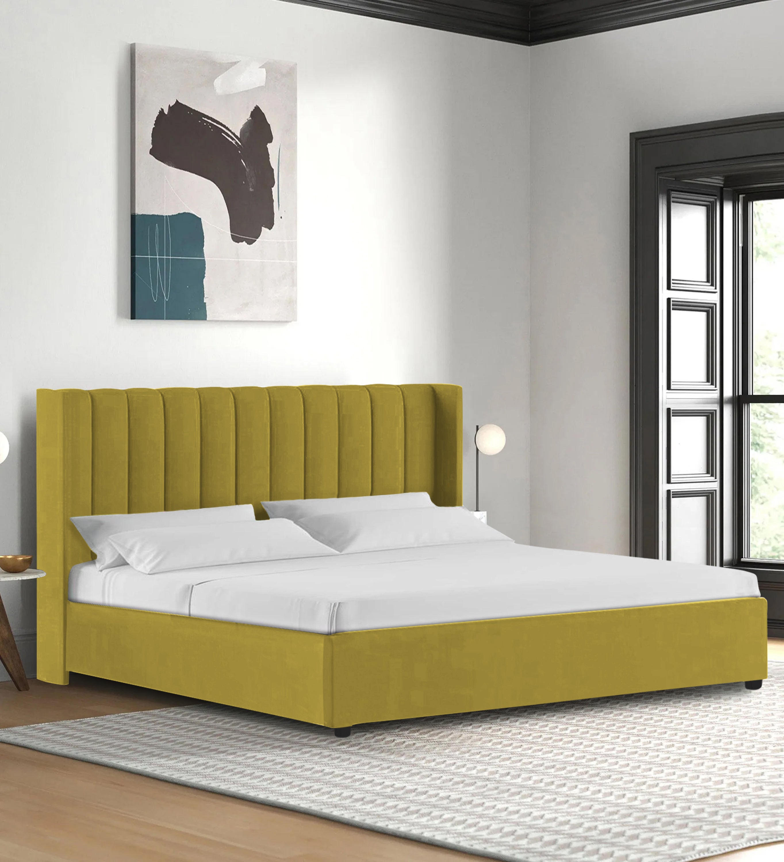 Colina Fabric Queen Size Bed In Parrot Green Colour With Box Storage - Febonic Living