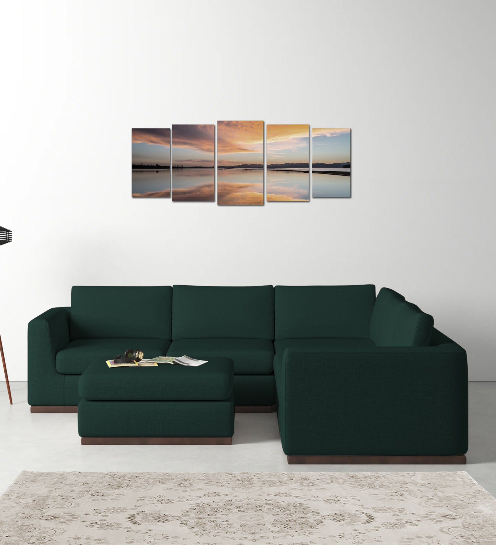 Freedom Velvet 6 Seater RHS Corner Sofa In Forest Green Colour With Ottoman - Febonic Living