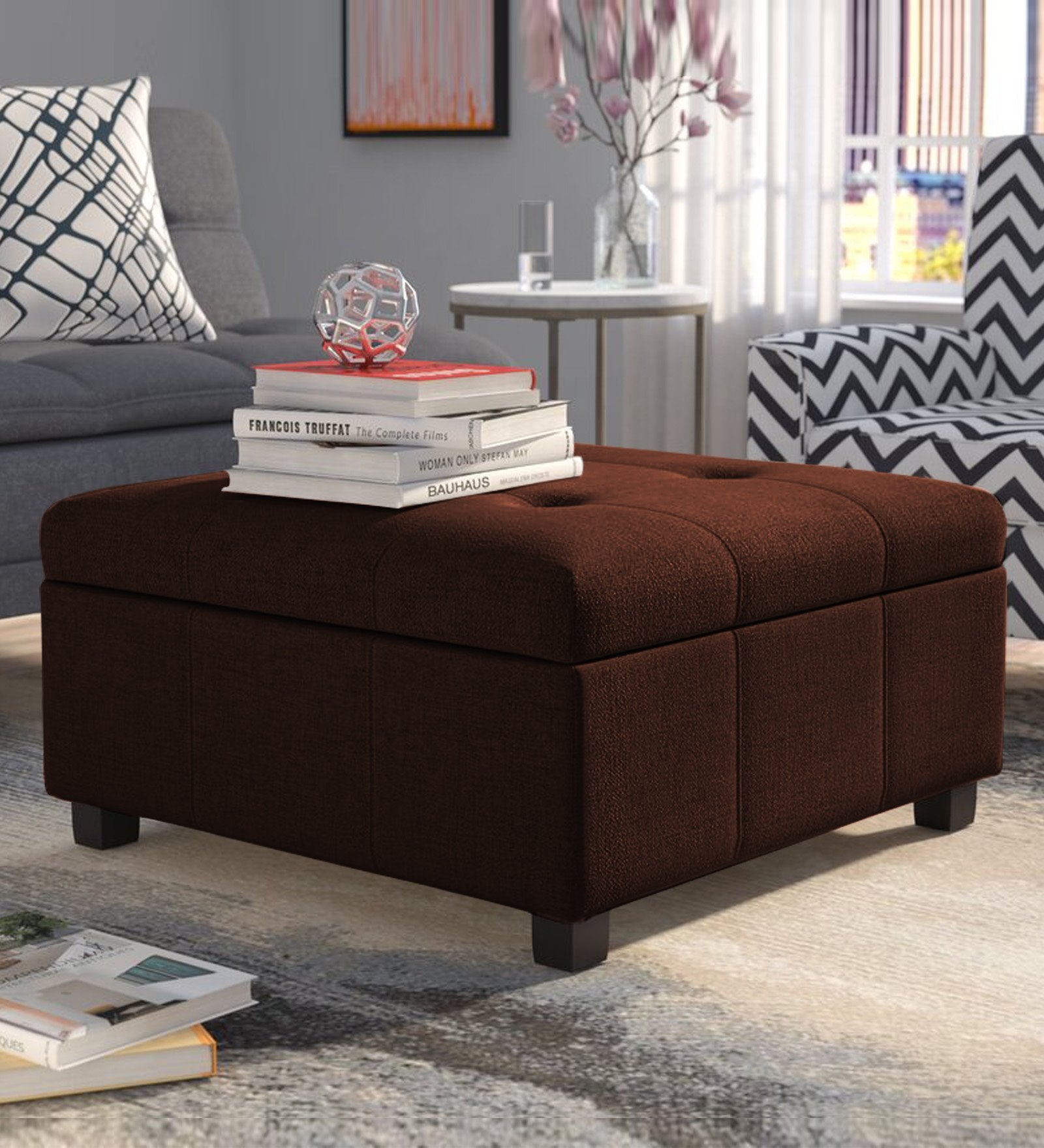 Balkan Fabric Pouffe In Coffee Brown Colour - Febonic Living