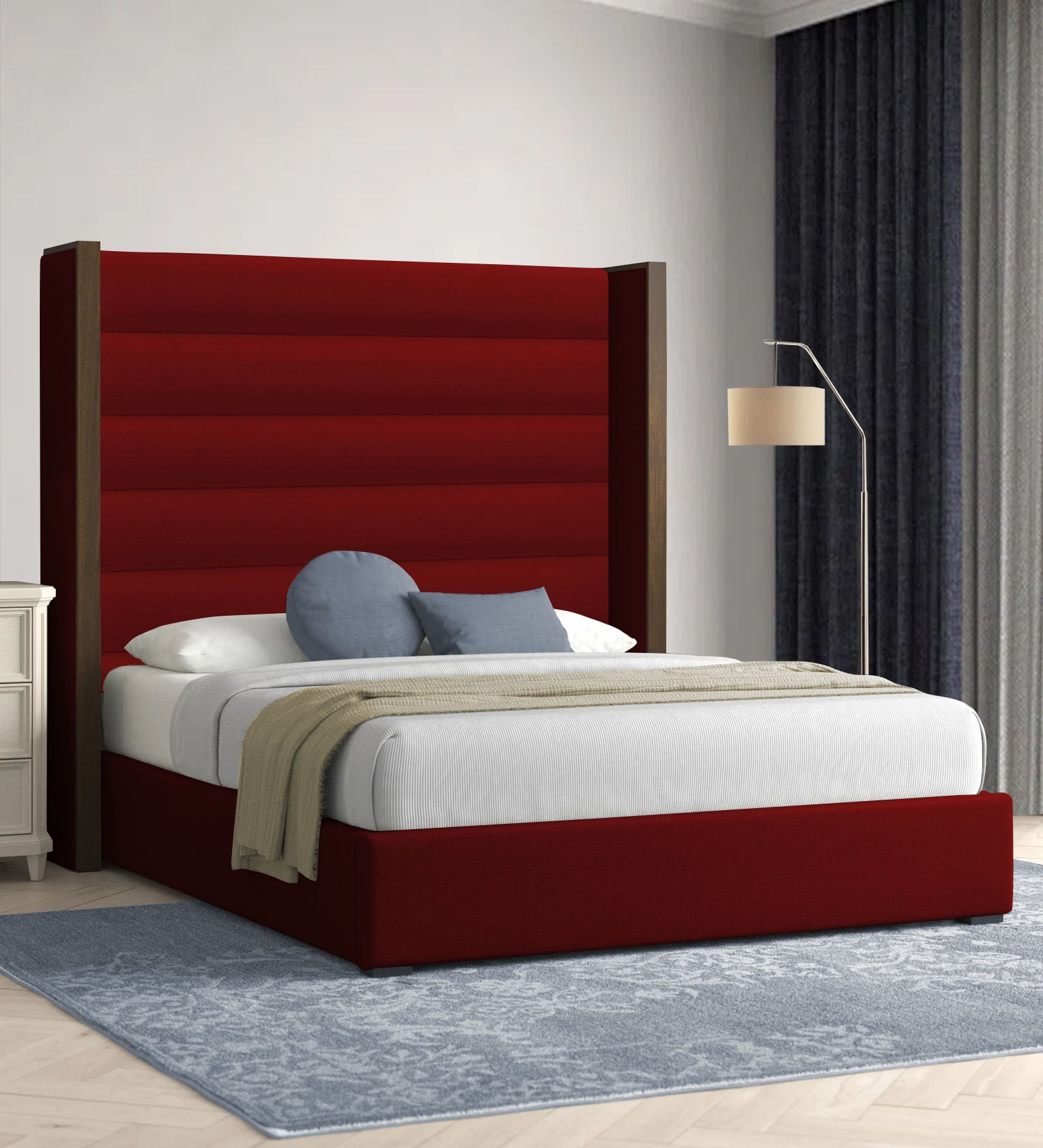Sunny Fabric Queen Size Bed In Blood Maroon Colour - Febonic Living