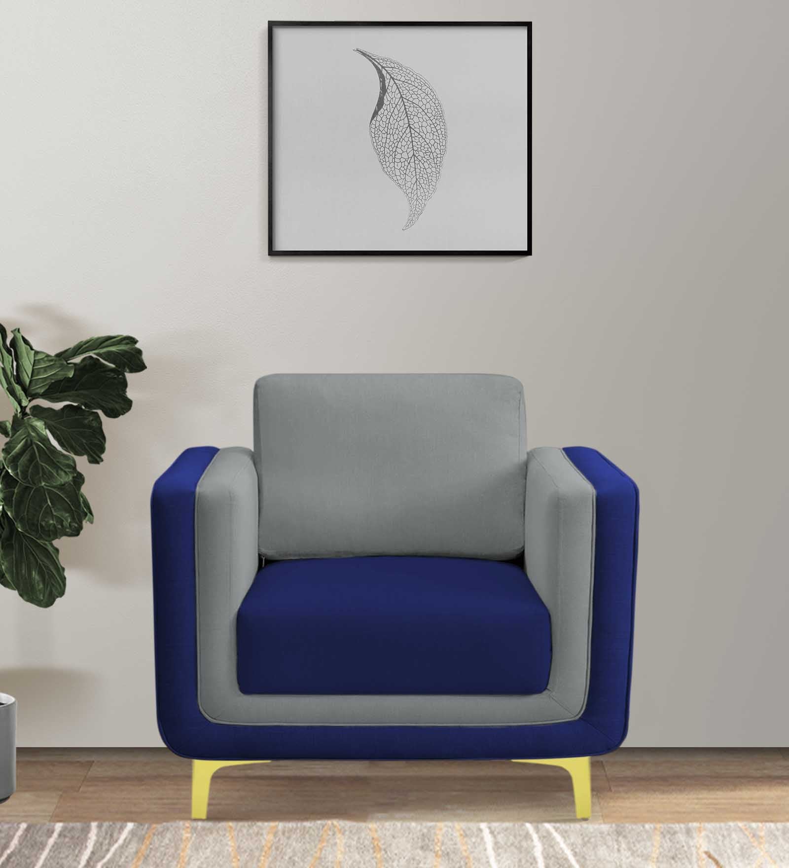 Visky Velvet 1 Seater Sofa in Pearl Grey-Indigo Blue Colour