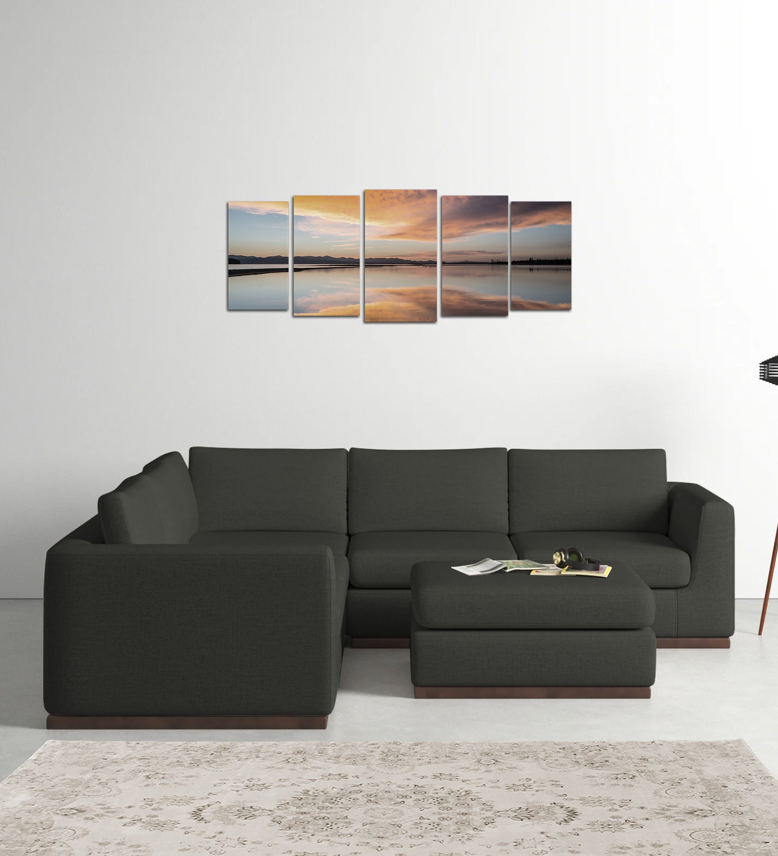 Freedom Velvet 6 Seater LHS Corner Sofa In Hory Grey Colour With Ottoman - Febonic Living