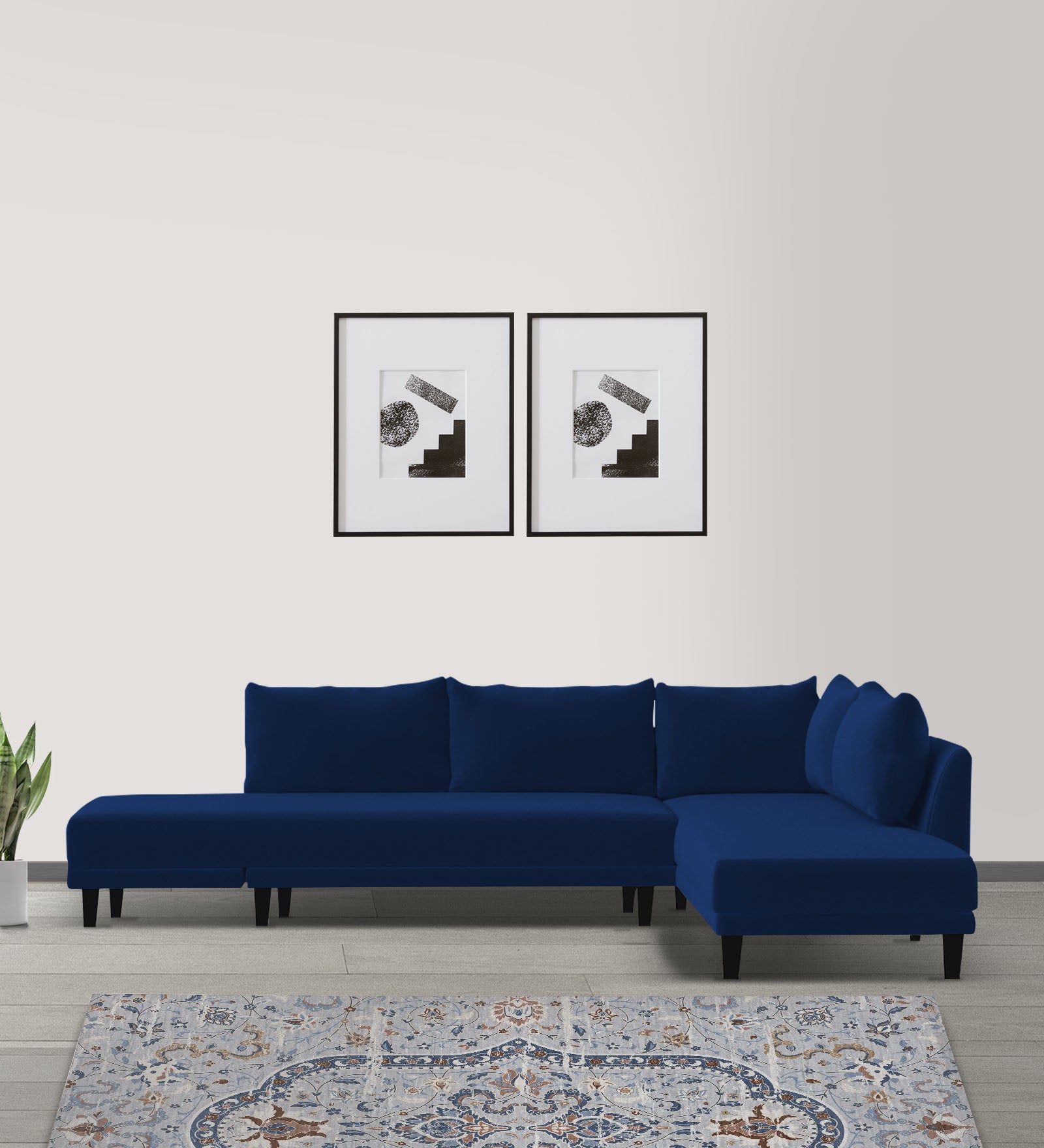 Ira Fabric LHS 6 Seater Convertible Sofa Cum Bed In Royal Blue Colour - Febonic Living