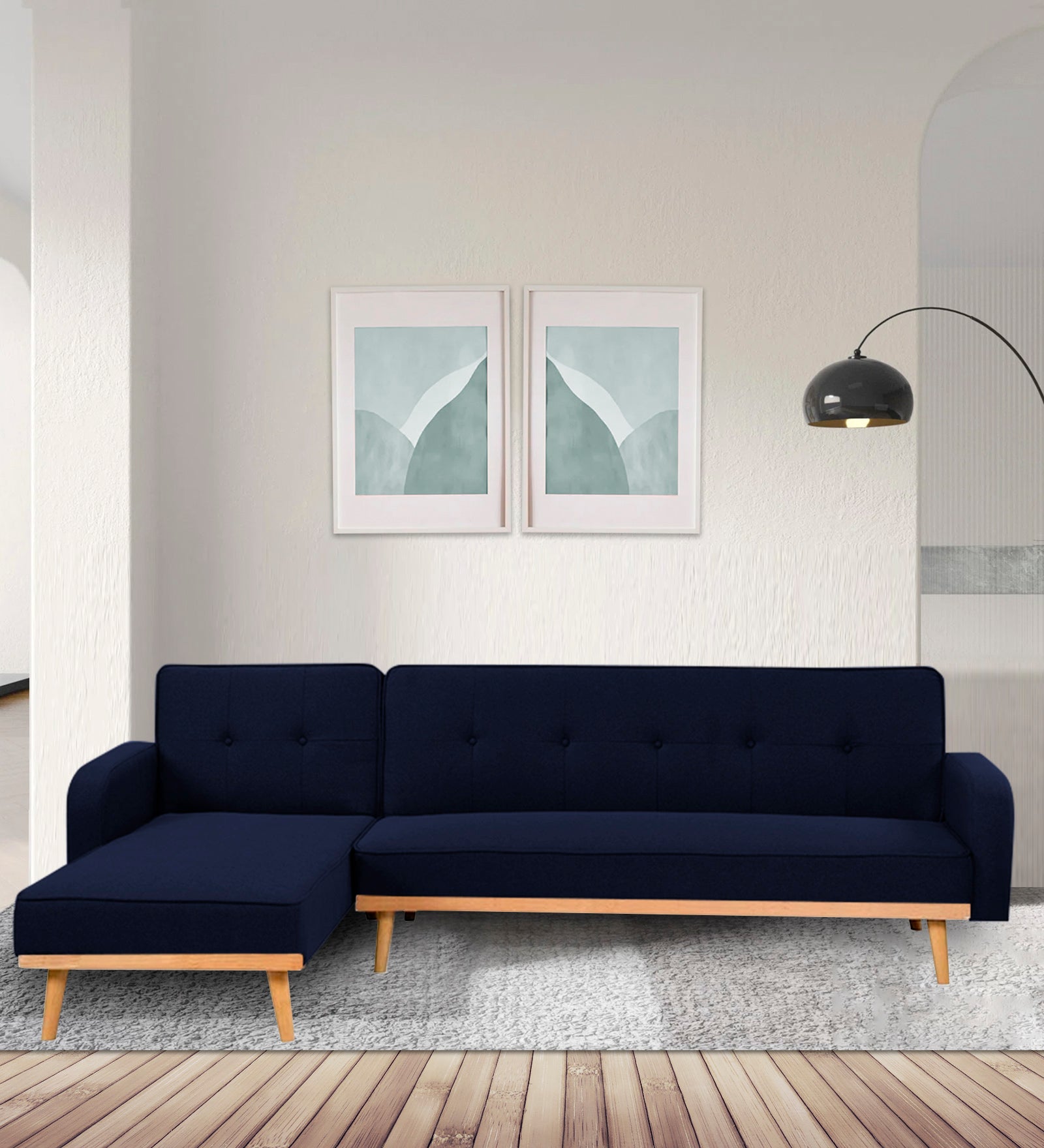 Zuno Fabric RHS Convertible Sofa Cum Bed In Royal Blue Colour - Febonic Living