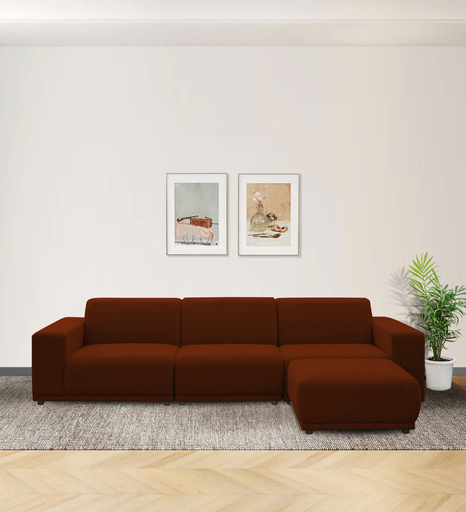Adam Fabric RHS Sectional Sofa (3+Ottoman Lounger) In Burnt Orange Colour - Febonic Living