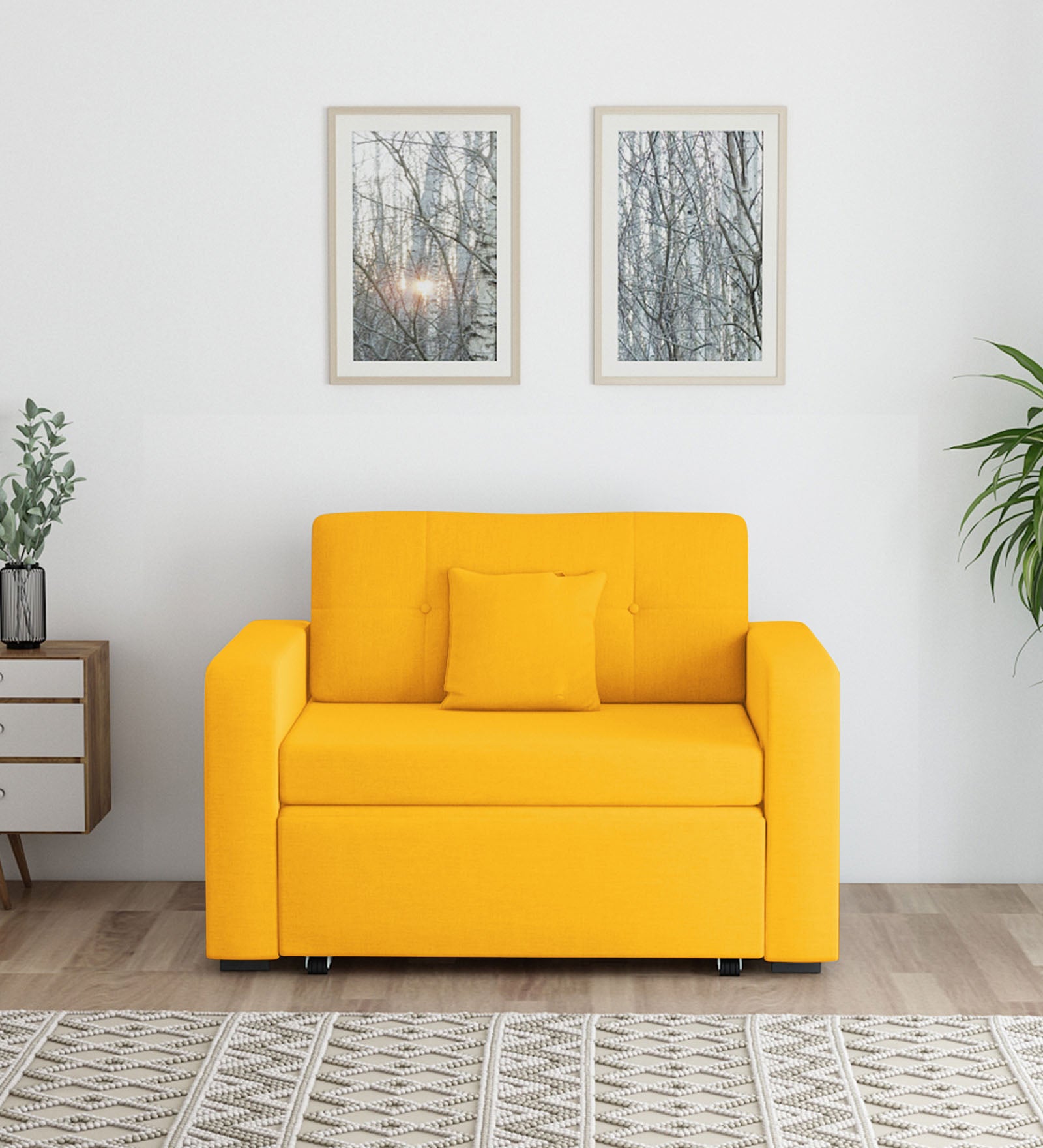 Rocky Fabric 2 Seater Pull Out Sofa Cum Bed In Bold Yellow Colour With Storage - Febonic Living