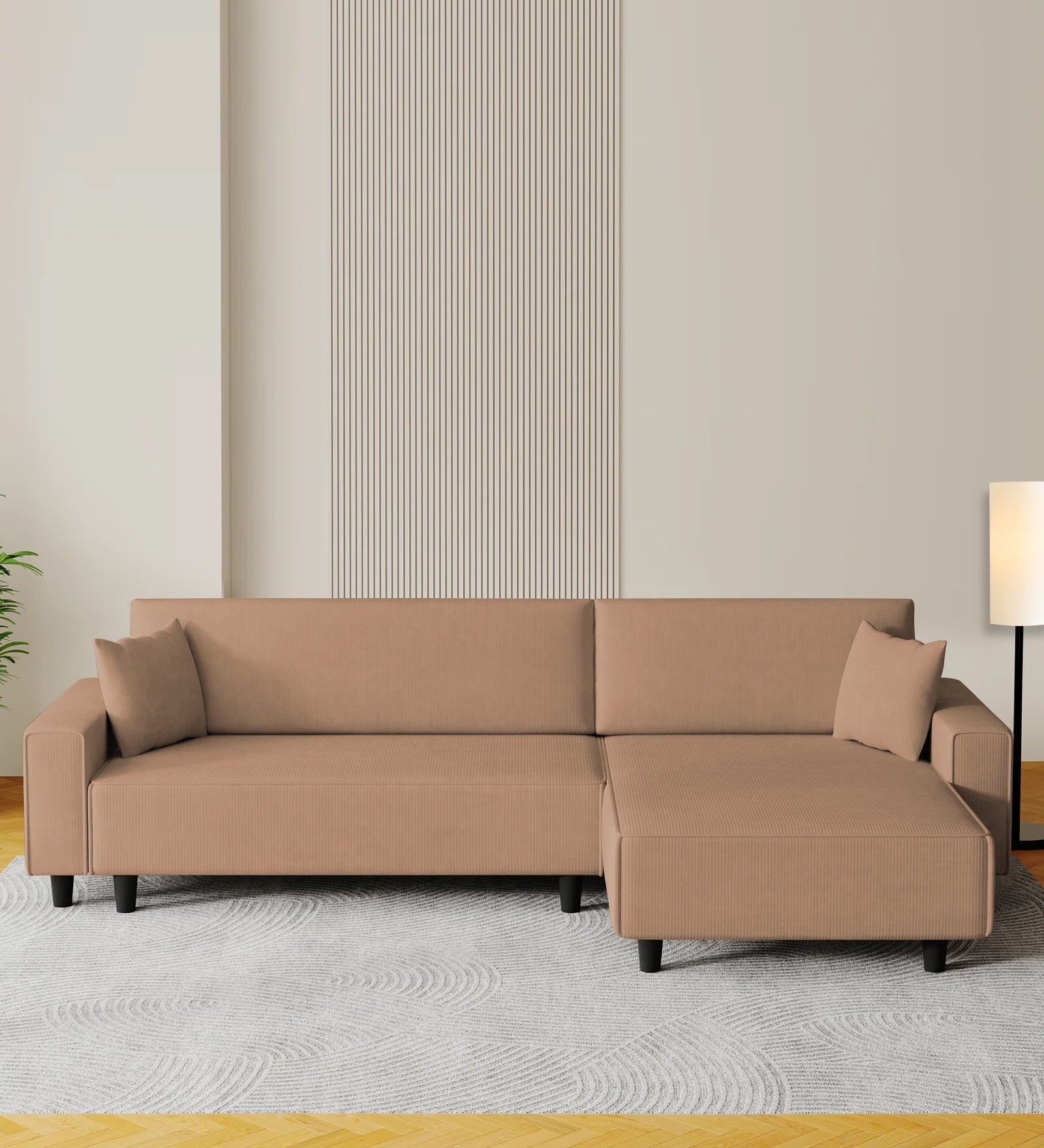 Peach Fabric LHS 6 Seater Sofa Cum Bed With Storage In Cosmic Beige Colour - Febonic Living