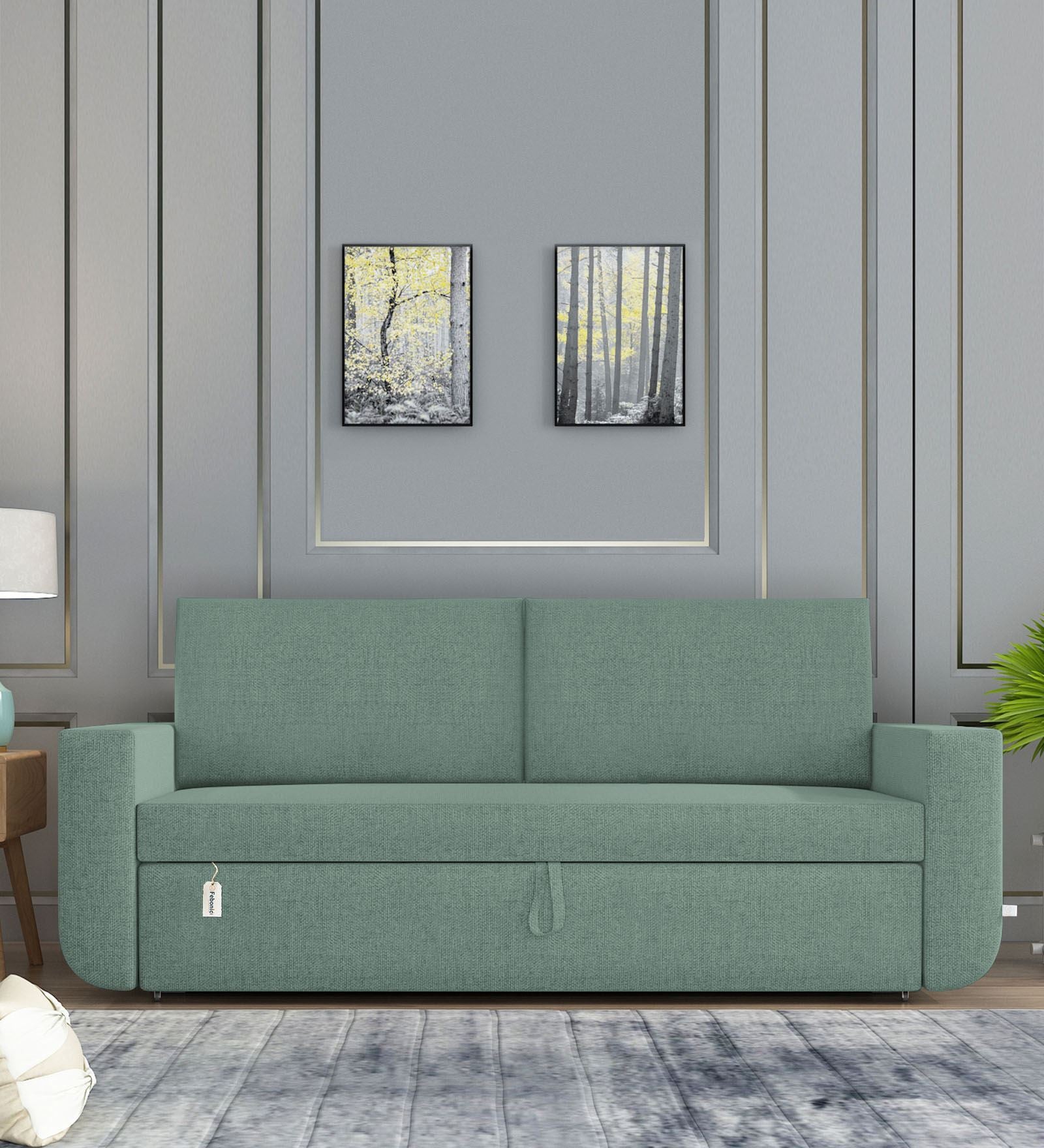 Grace Fabric 3 Seater Pull Out Sofa Cum Bed In Suka Blue Colour With Storage - Febonic Living