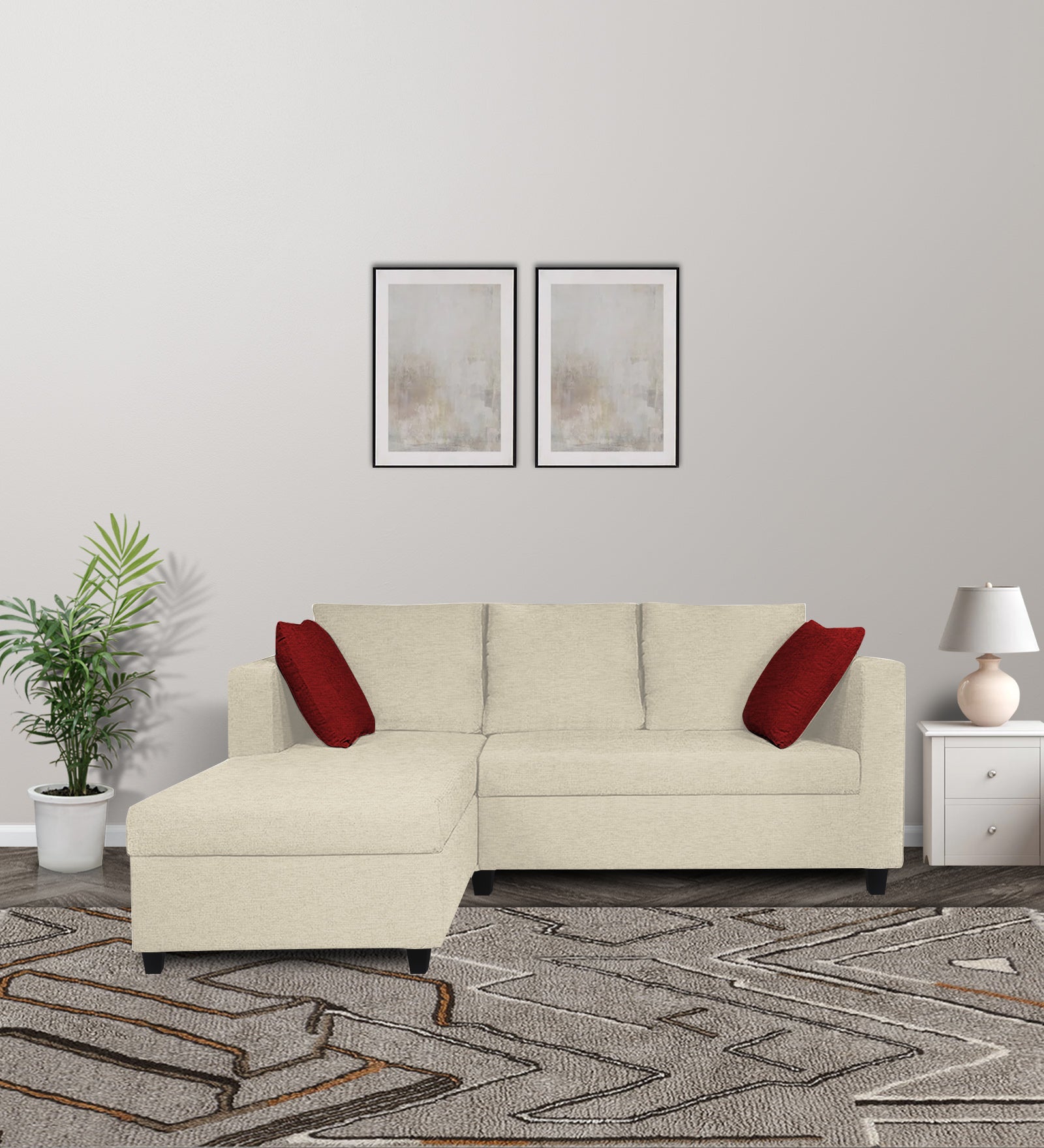 Nebula Fabric RHS Sectional Sofa (2+Lounger) In Ivory Cream Colour - Febonic Living