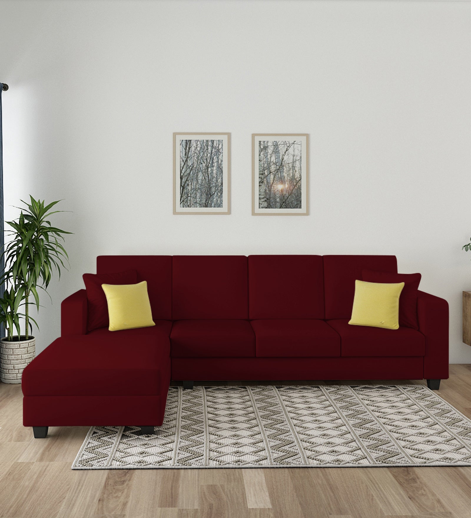 Nabi Fabric RHS Sectional Sofa (3+Lounger) In Ruby Red Colour - Febonic Living