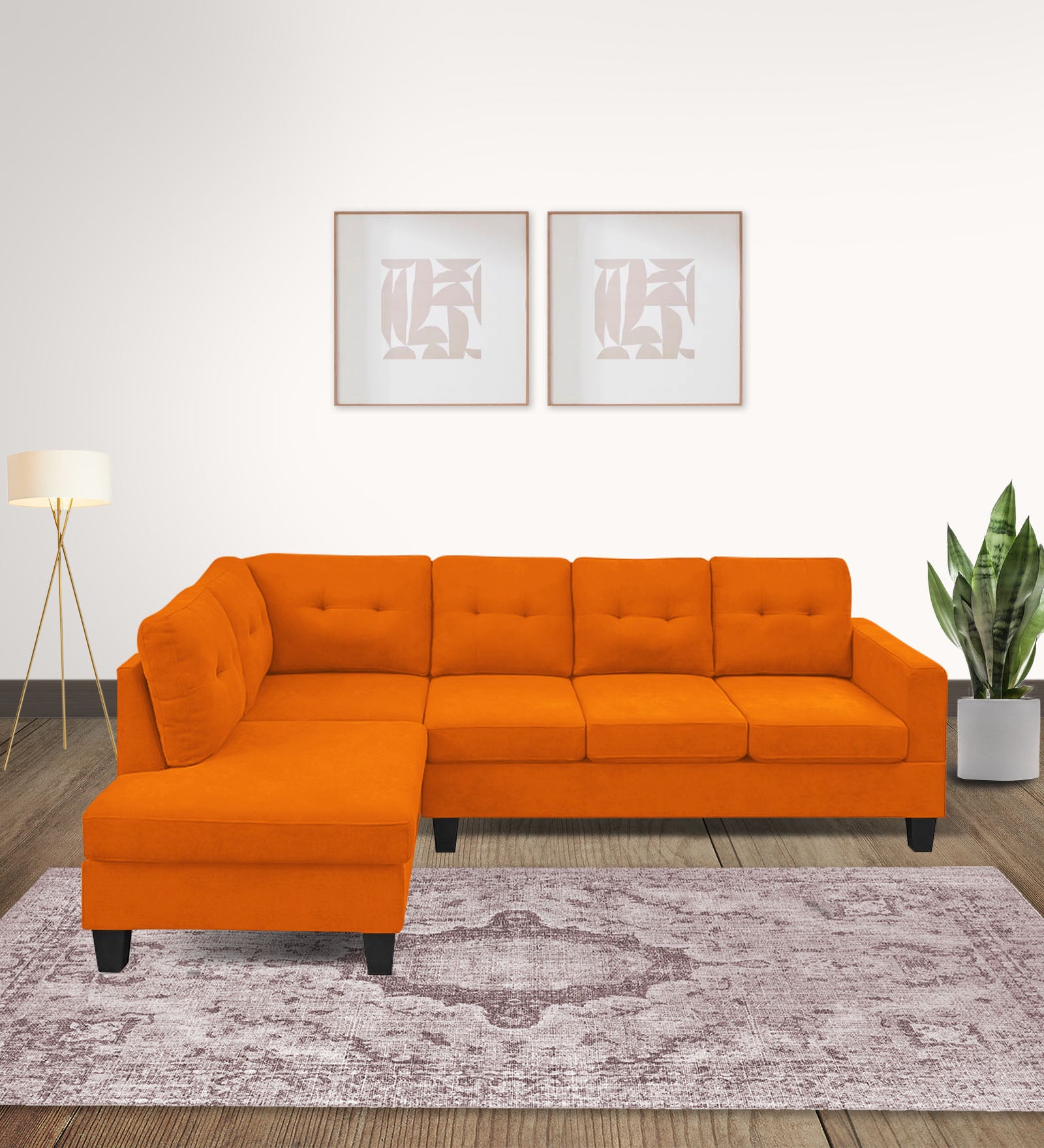 Thomas Fabric RHS Sectional Sofa (3+Lounger) In Vivid Orange Colour - Febonic Living