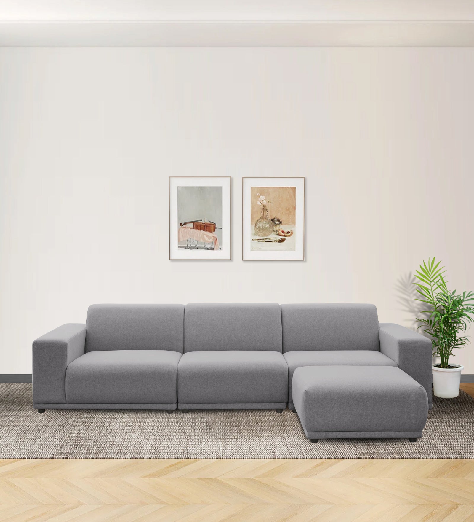 Adam Fabric RHS Sectional Sofa (3+Ottoman Lounger) In Lit Grey Colour - Febonic Living